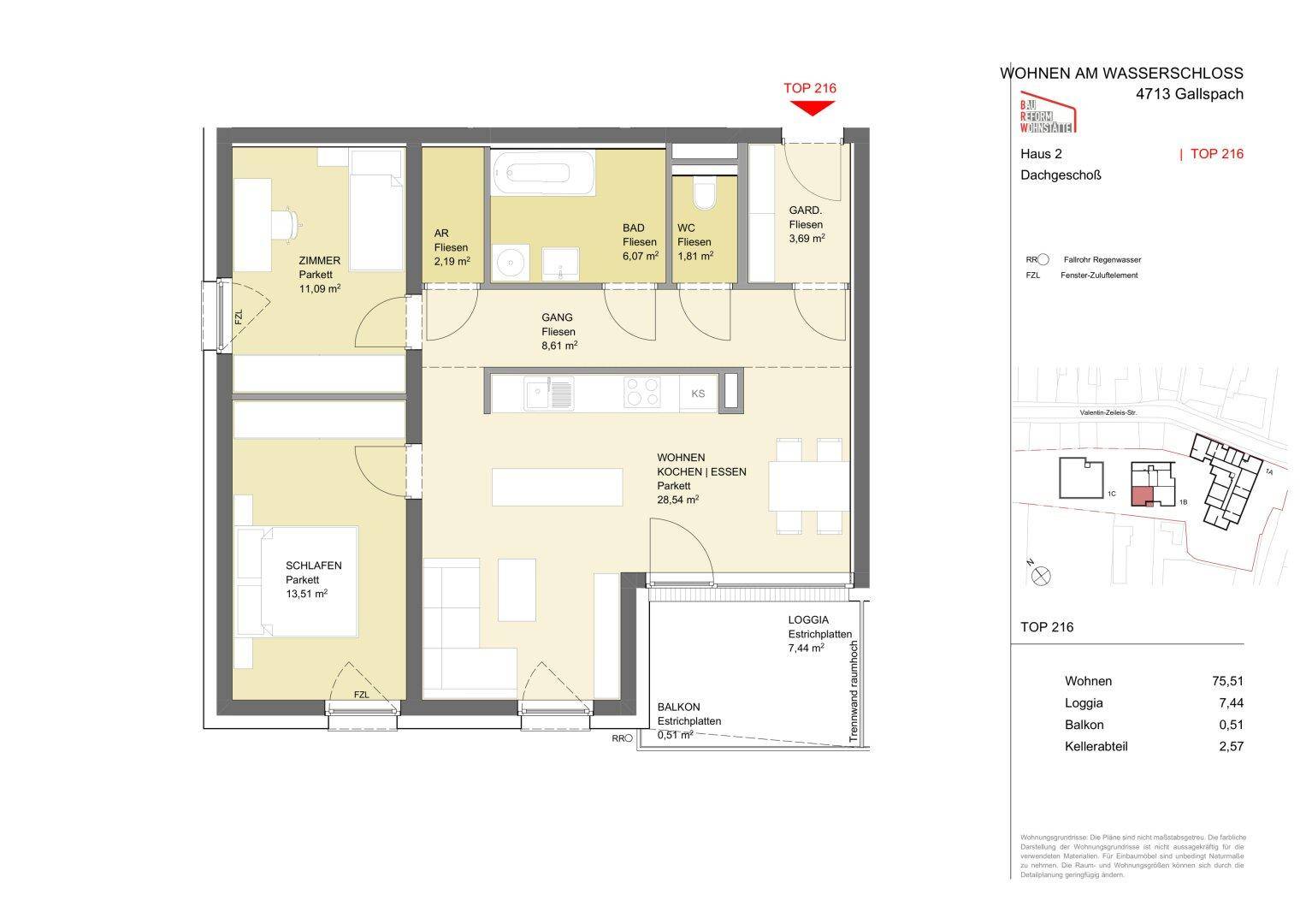 Grundriss einer Wohnung mit offenem Wohn-, Koch- und Essbereich, Schlafzimmern und Loggia.