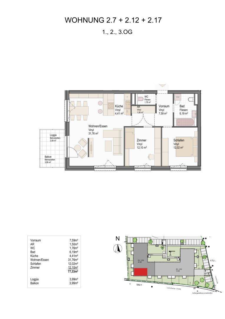 Grundriss einer Wohnung mit offenem Wohn-/Essbereich, zwei Schlafzimmern und Loggia.