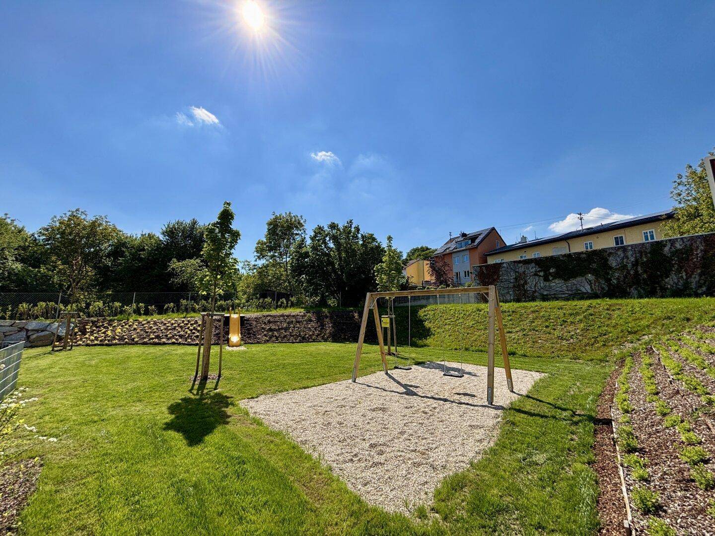 Sonniger Spielplatz mit Schaukeln und Rutsche, umgeben von Grünflächen und Bäumen.
