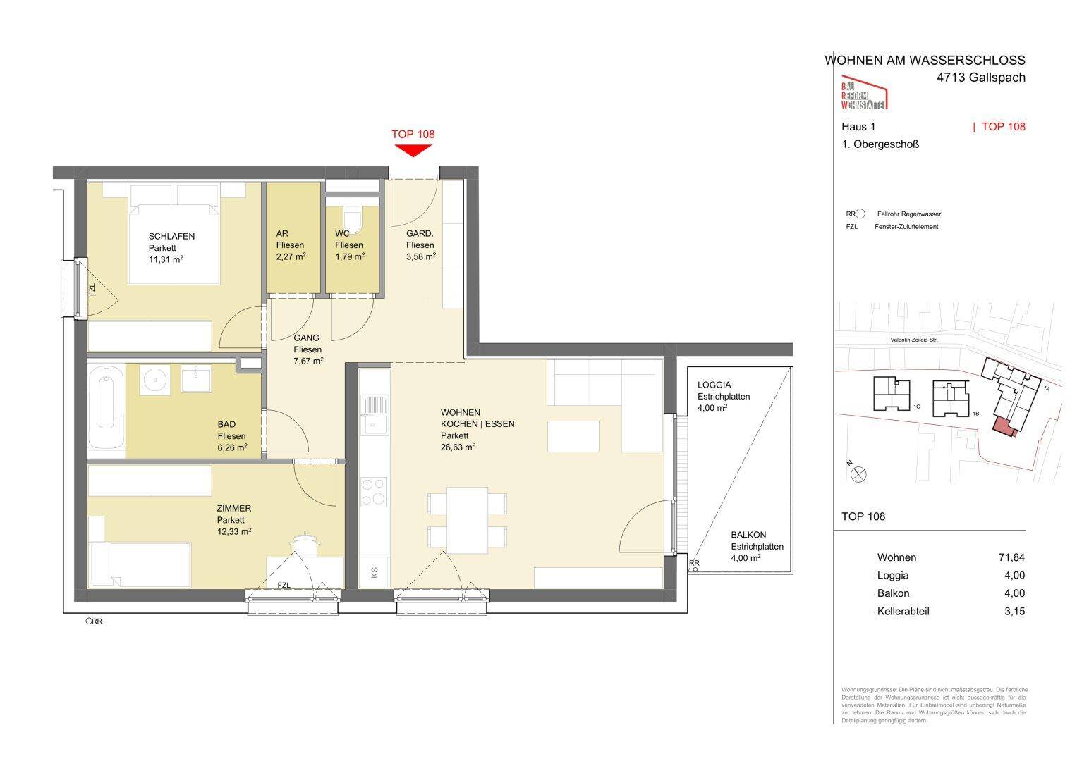 Grundriss einer Wohnung mit drei Zimmern, offener Küche und Balkon.