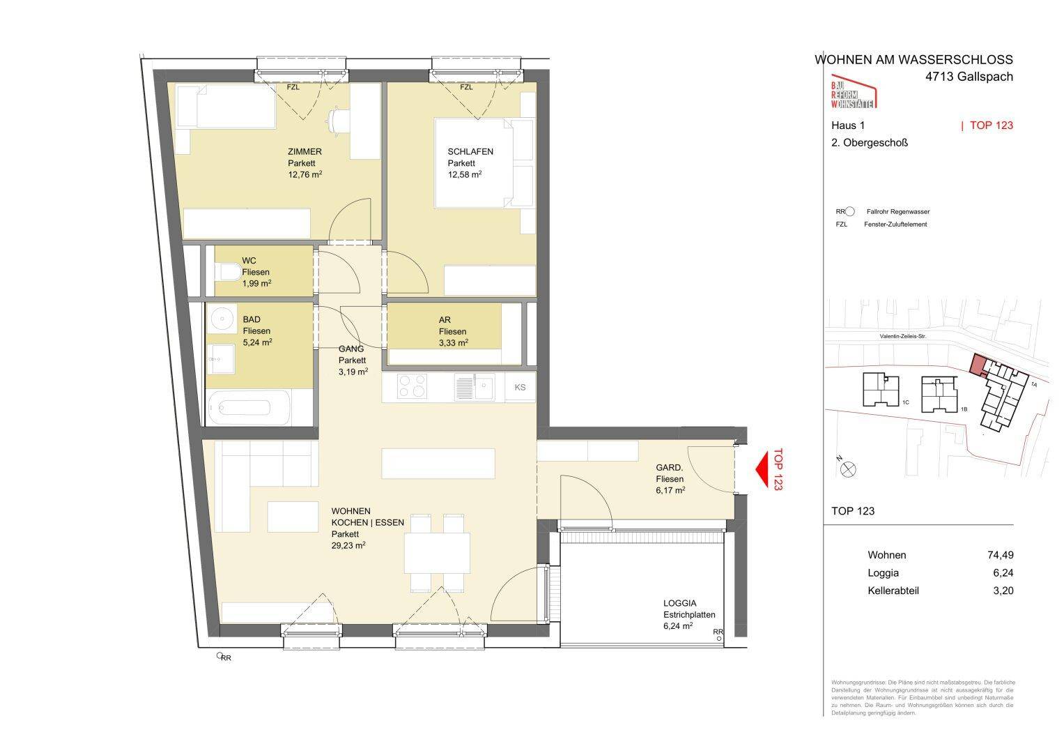 Grundriss der Wohnung Top 123 im 2. Obergeschoss mit Loggia und offenem Wohn-Koch-Essbereich.