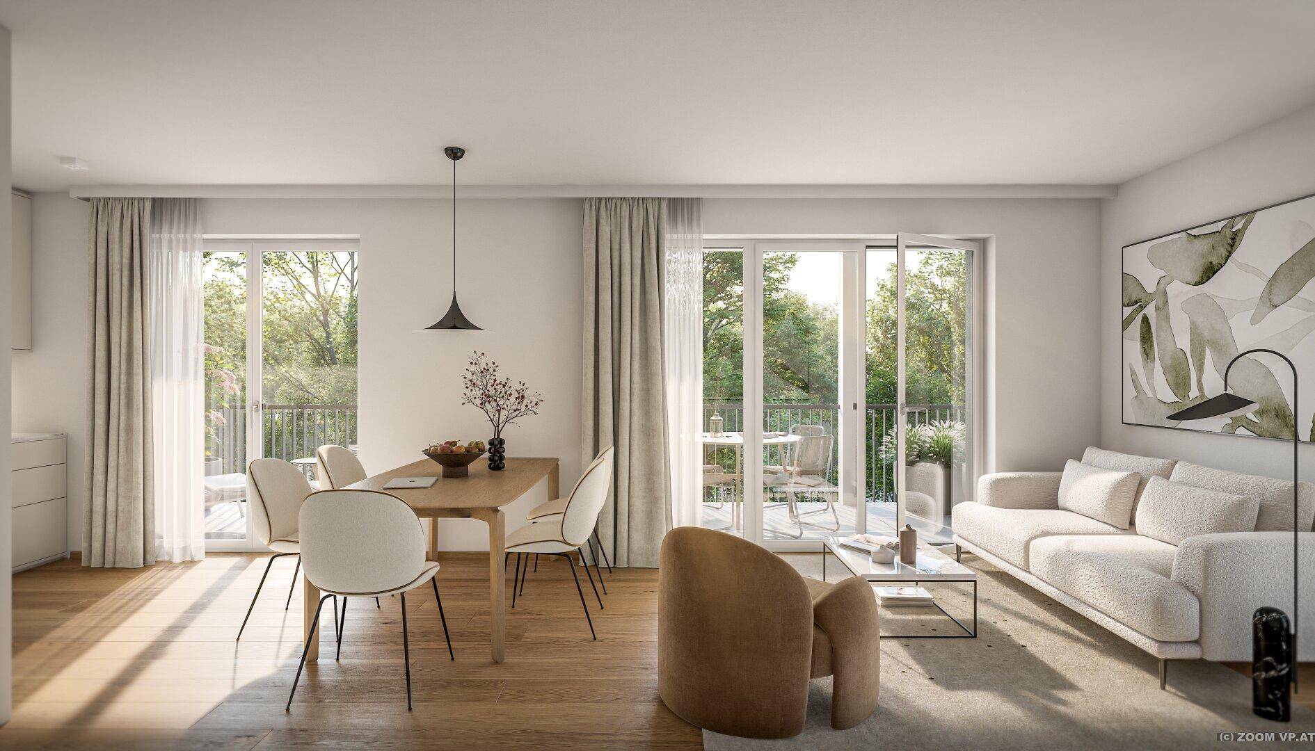 Heller Wohn-Essbereich mit Holzboden, modernem Mobiliar und Zugang zu einem sonnigen Balkon.