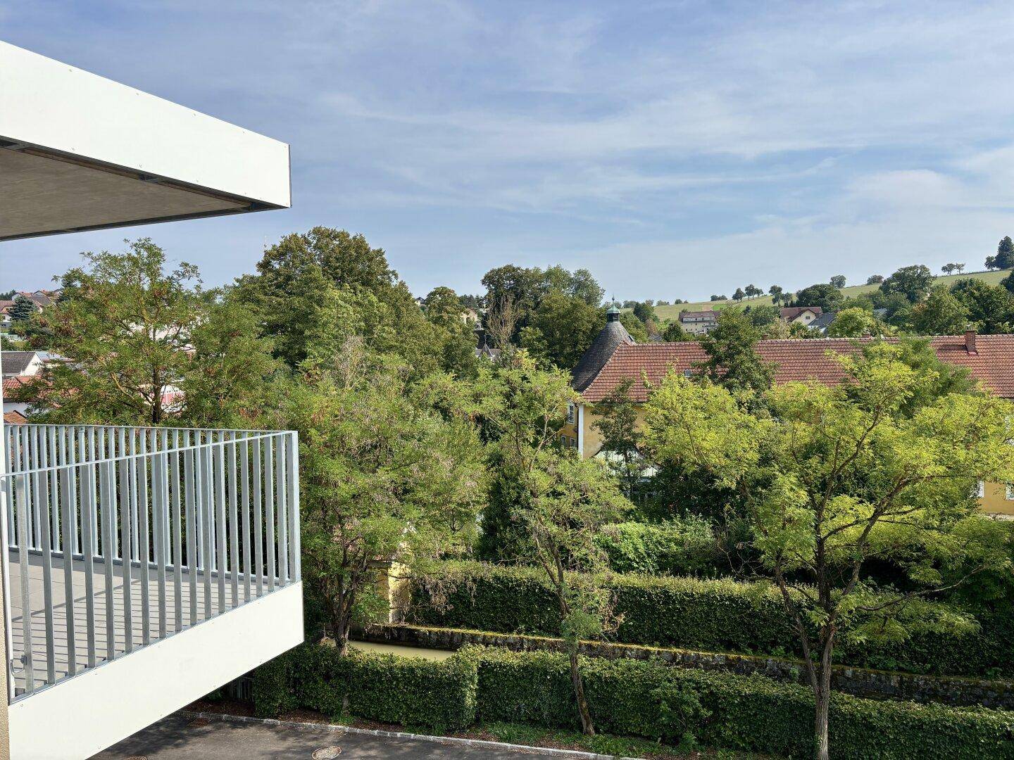 Balkon mit Blick auf üppiges Grün und die umliegende Wohnbebauung unter blauem Himmel.