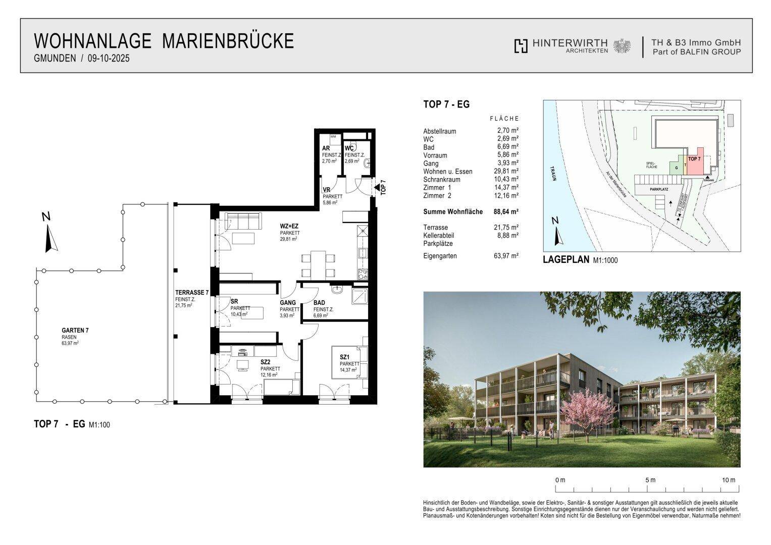Detaillierter Grundriss einer Erdgeschosswohnung mit offener Raumaufteilung, Terrasse und eigenem Garten.