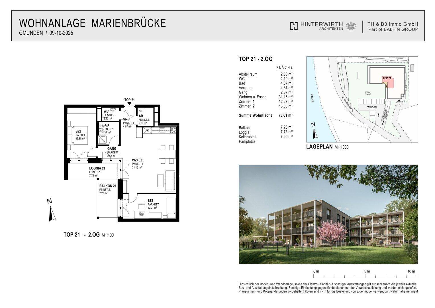 Grundriss der Wohnung TOP 21 im 2. Obergeschoss mit Loggia, Balkon und Parkplatz.