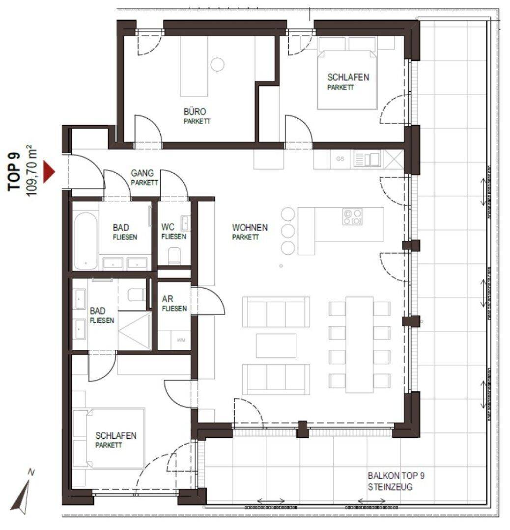 Detaillierter Grundriss einer Wohnung mit drei Schlafzimmern, zwei Bädern und Balkon.
