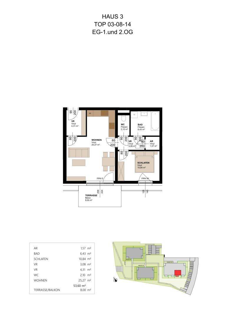 Grundriss einer Wohnung mit offenem Wohnbereich, Schlafzimmer, Bad, WC und Terrasse.