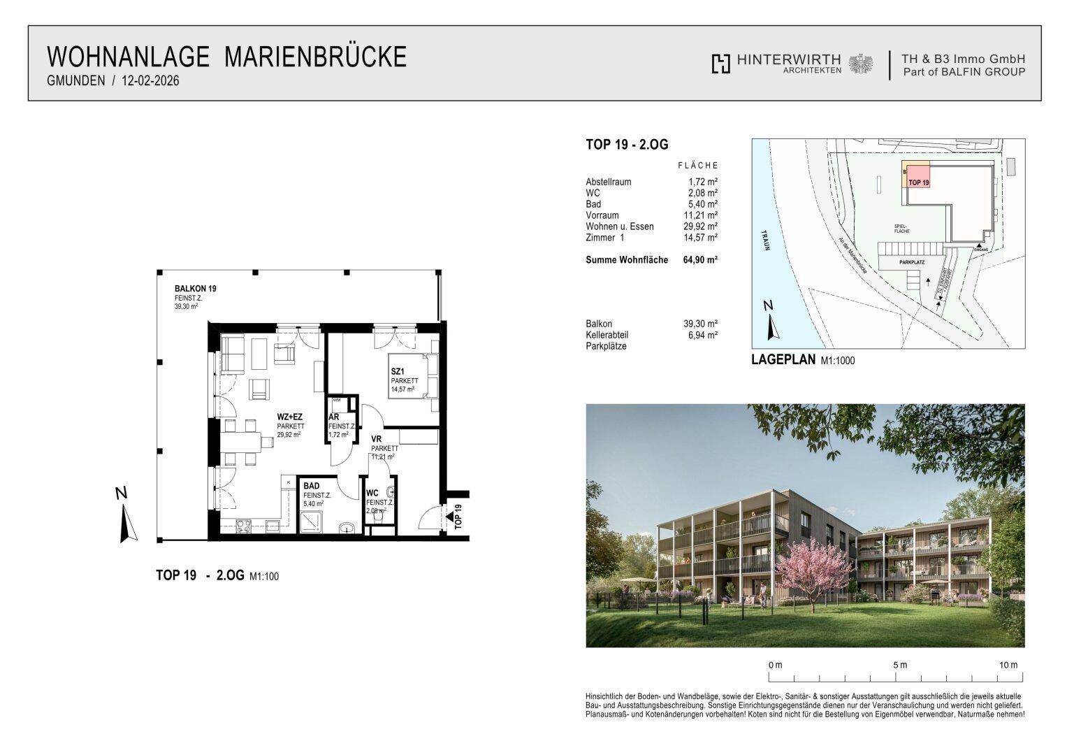 Detaillierter Grundriss der Wohnung TOP 19 im 2. Obergeschoss mit Balkon und separatem WC.