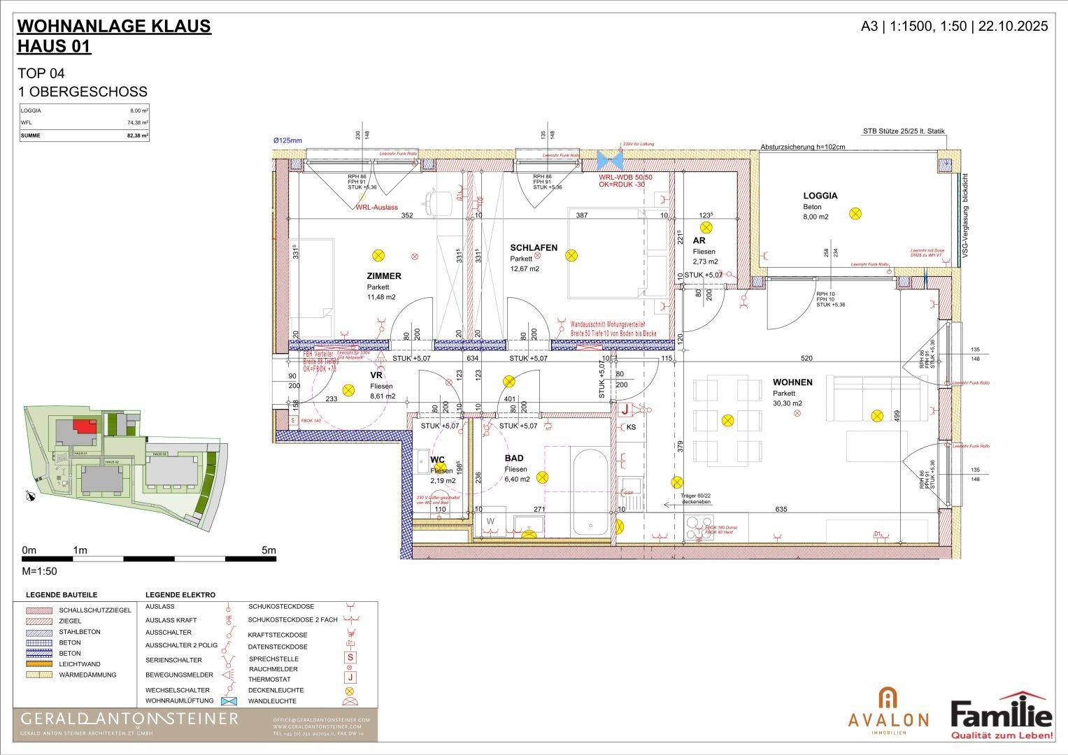 Detaillierter Grundriss einer Wohnung mit Loggia, Schlafzimmer und offenem Wohnbereich.