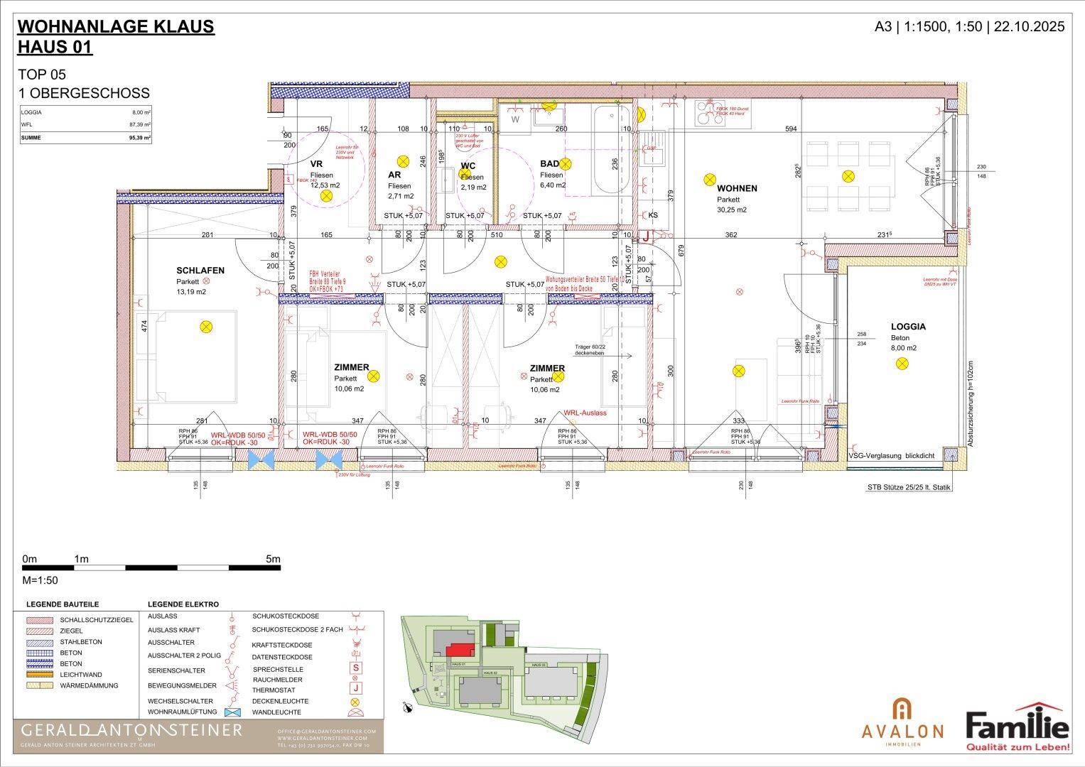 Grundriss einer Wohnung mit drei Schlafzimmern, offenem Wohnbereich, Bad, separatem WC und Loggia.