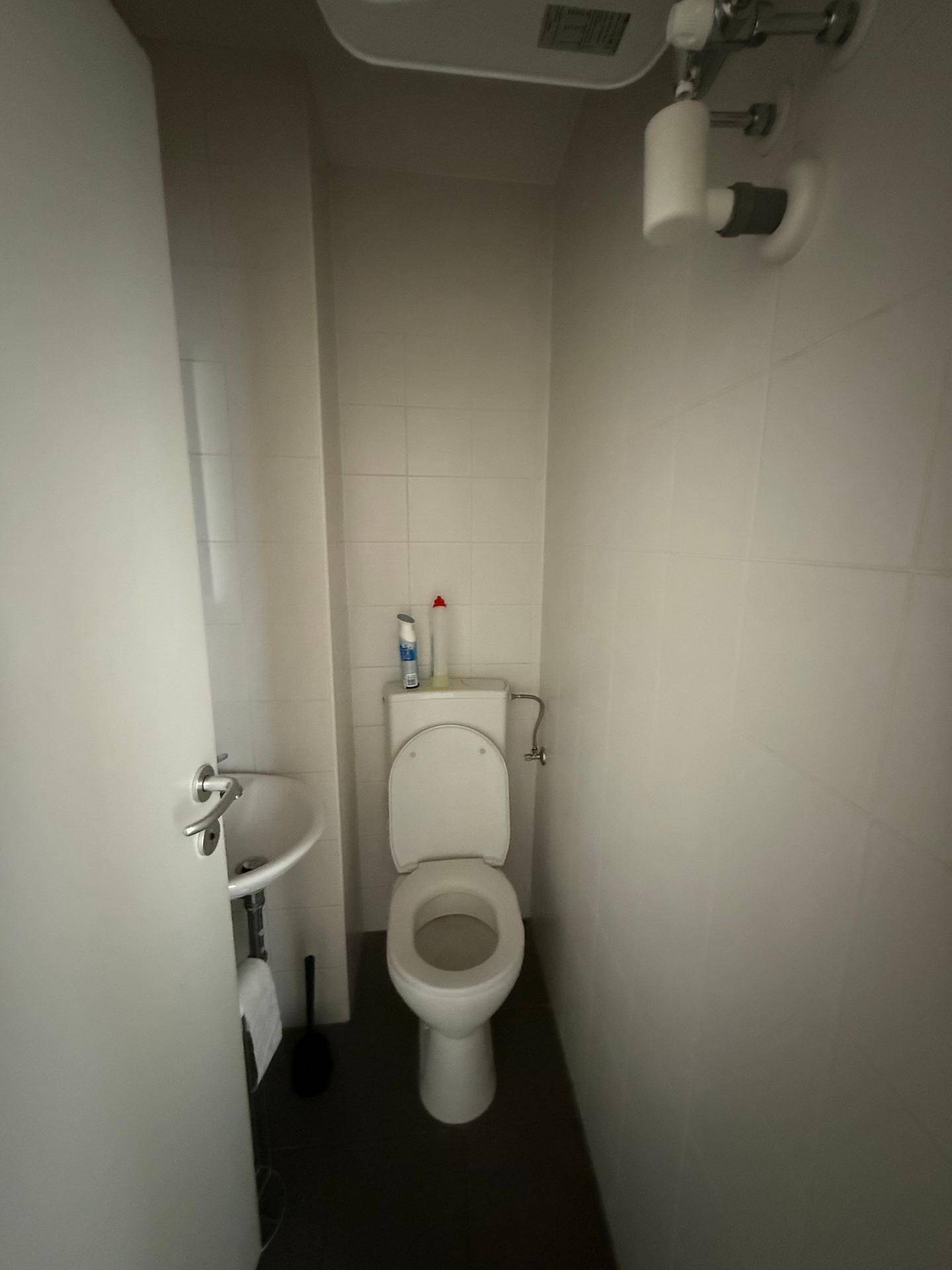 Kleines separates WC mit weiß gefliesten Wänden, Toilette und kleinem Waschbecken.