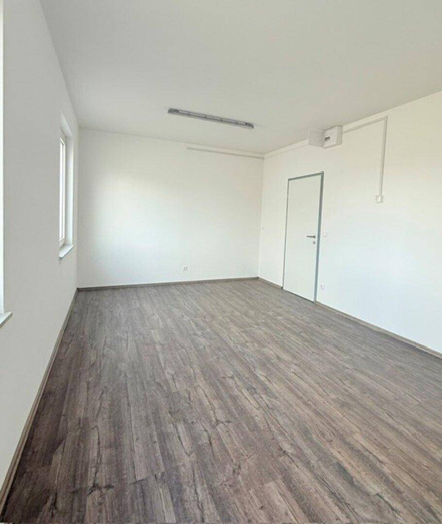 Geräumiger, unmöblierter Innenraum mit hellen Wänden und dunklem Laminat, ideal für verschiedene Nutzungen.