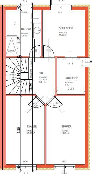 Grundriss des Obergeschosses mit Schlafzimmern, Bad und Ankleidebereich.