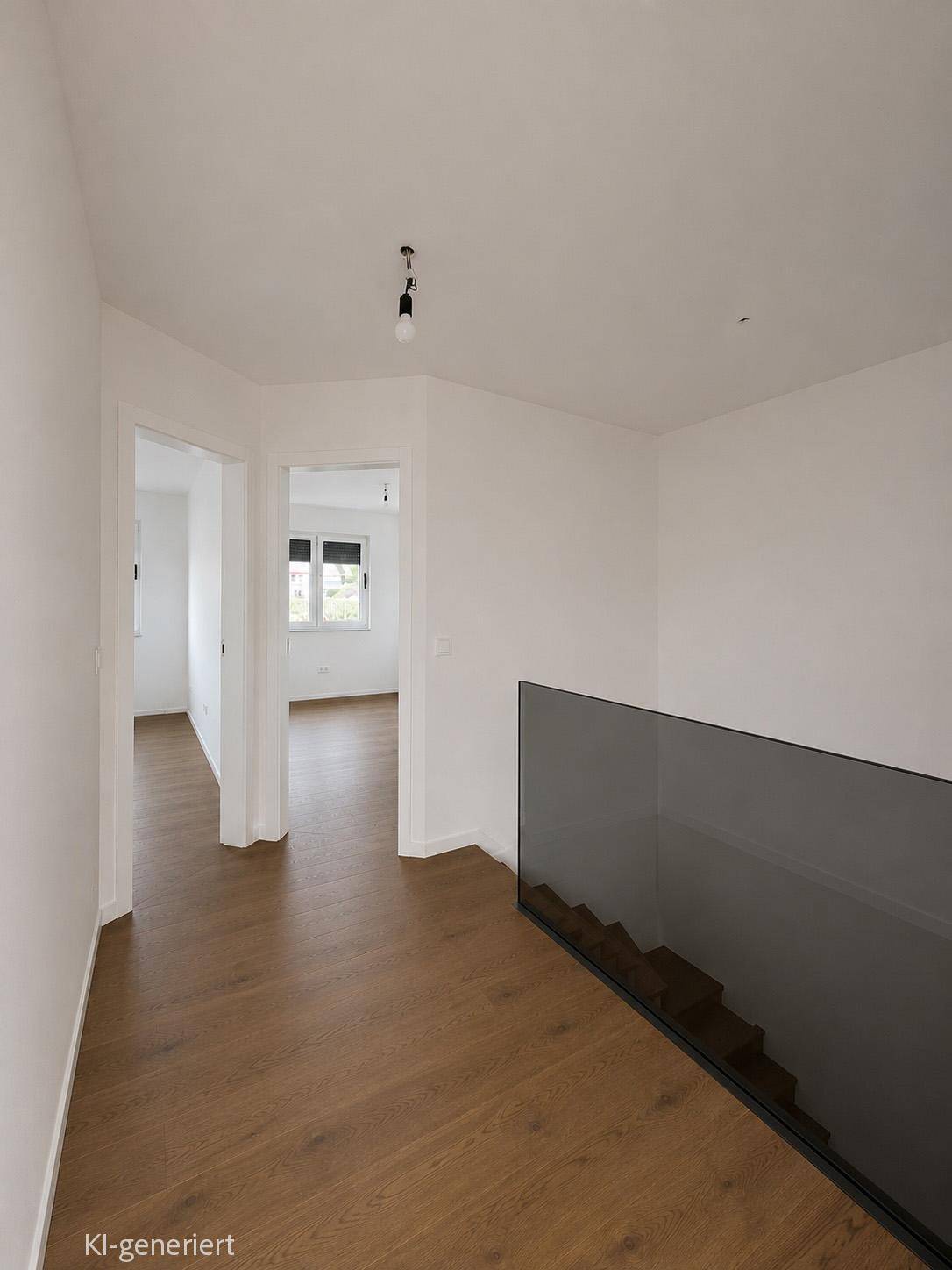 Heller Flur im Obergeschoss mit Hartholzboden, moderner Glasbrüstung und Blick in weitere Zimmer.