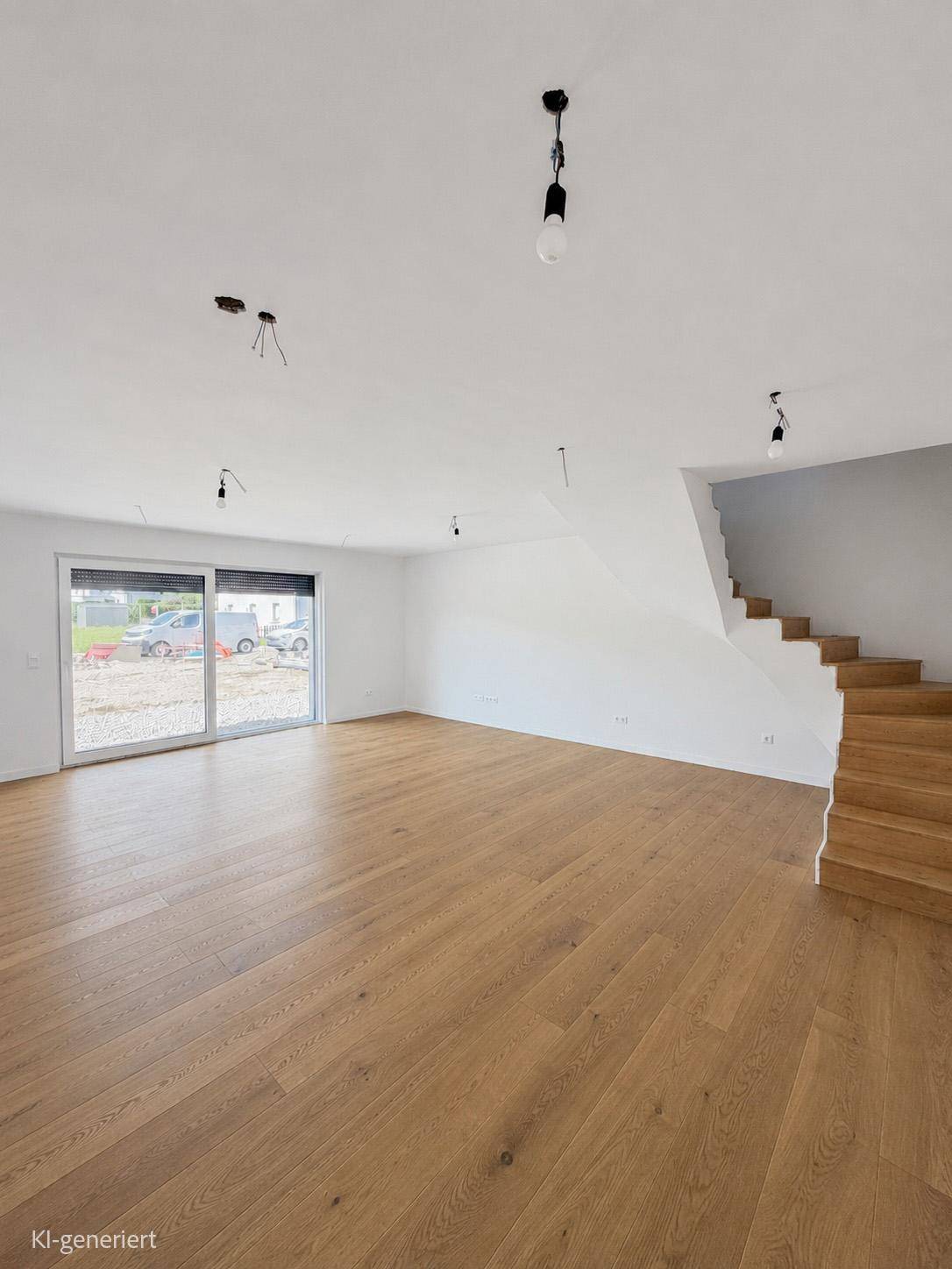 Geräumiges Wohnzimmer mit neu verlegtem Hartholzboden, Treppe und großer Terrassentür.