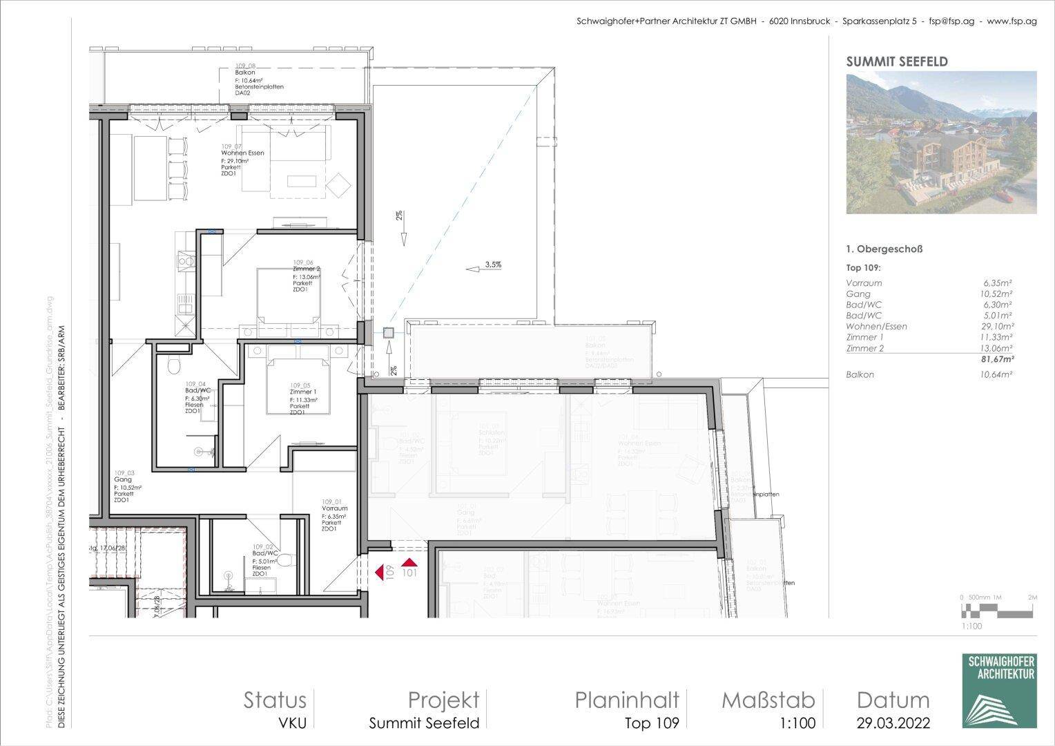Grundriss einer Wohnung im Obergeschoss mit mehreren Zimmern, offenem Wohnbereich und Balkon.