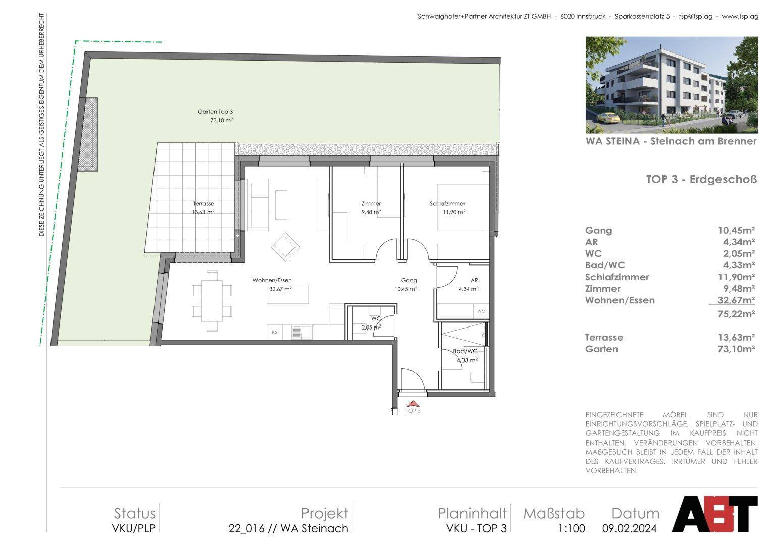 Grundriss einer Erdgeschosswohnung mit offenem Wohn-Essbereich, großer Terrasse und privatem Garten.