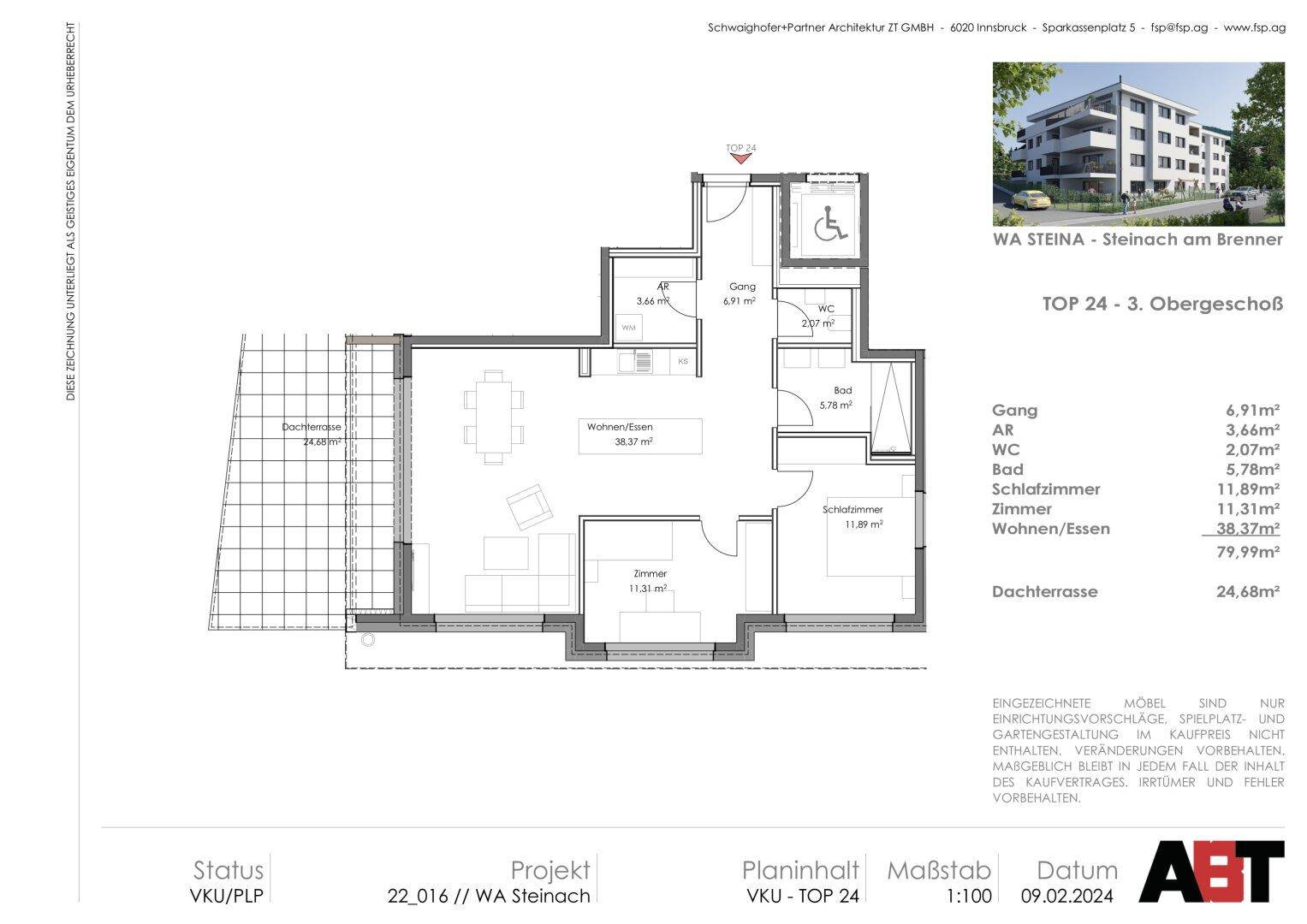 Grundriss einer Wohnung im 3. Obergeschoss mit offener Wohnküche, Schlafzimmern und großer Dachterrasse.