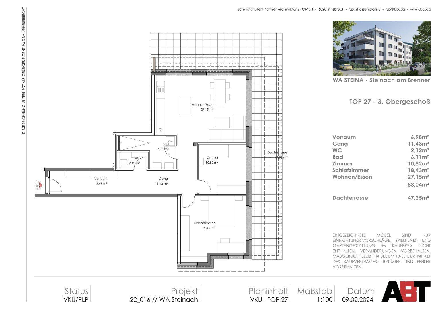 Grundriss einer Wohnung im 3. Obergeschoss mit Dachterrasse und offenem Wohnbereich.
