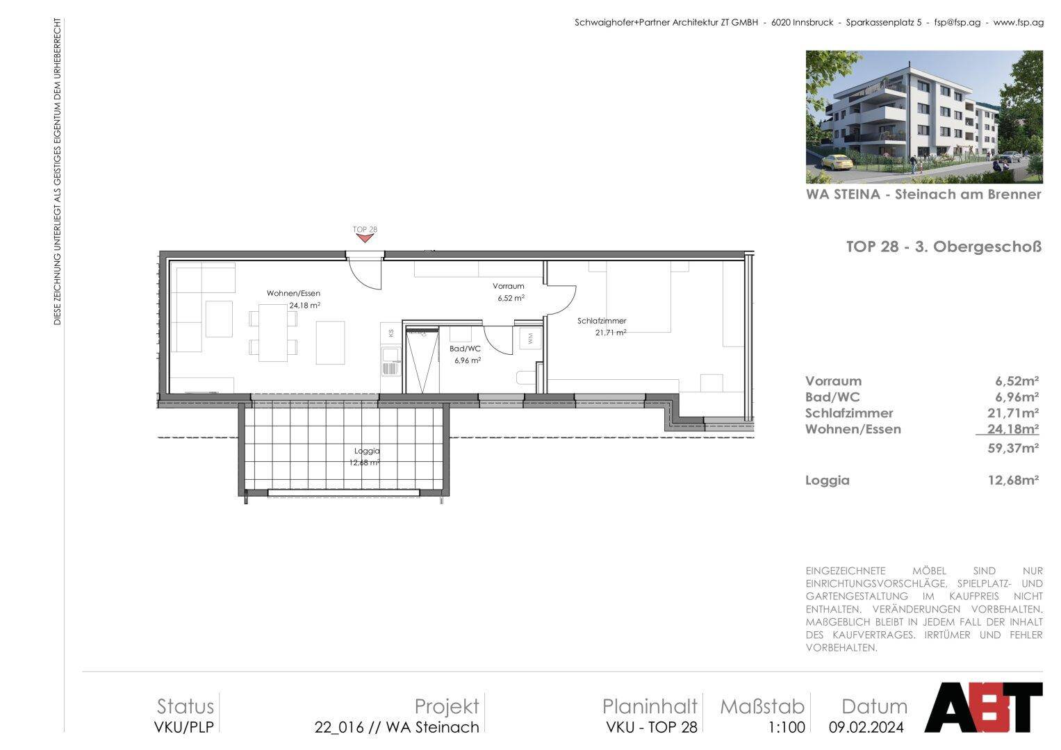 Grundriss einer Dreizimmerwohnung im dritten Obergeschoss mit offener Wohnküche und geräumiger Loggia.