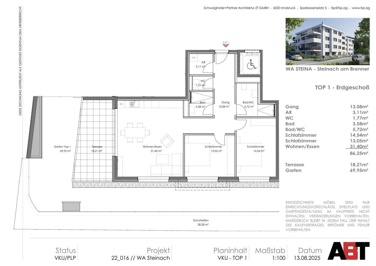 Detaillierter Grundriss einer Erdgeschosswohnung mit Terrasse und Gartenanteil.