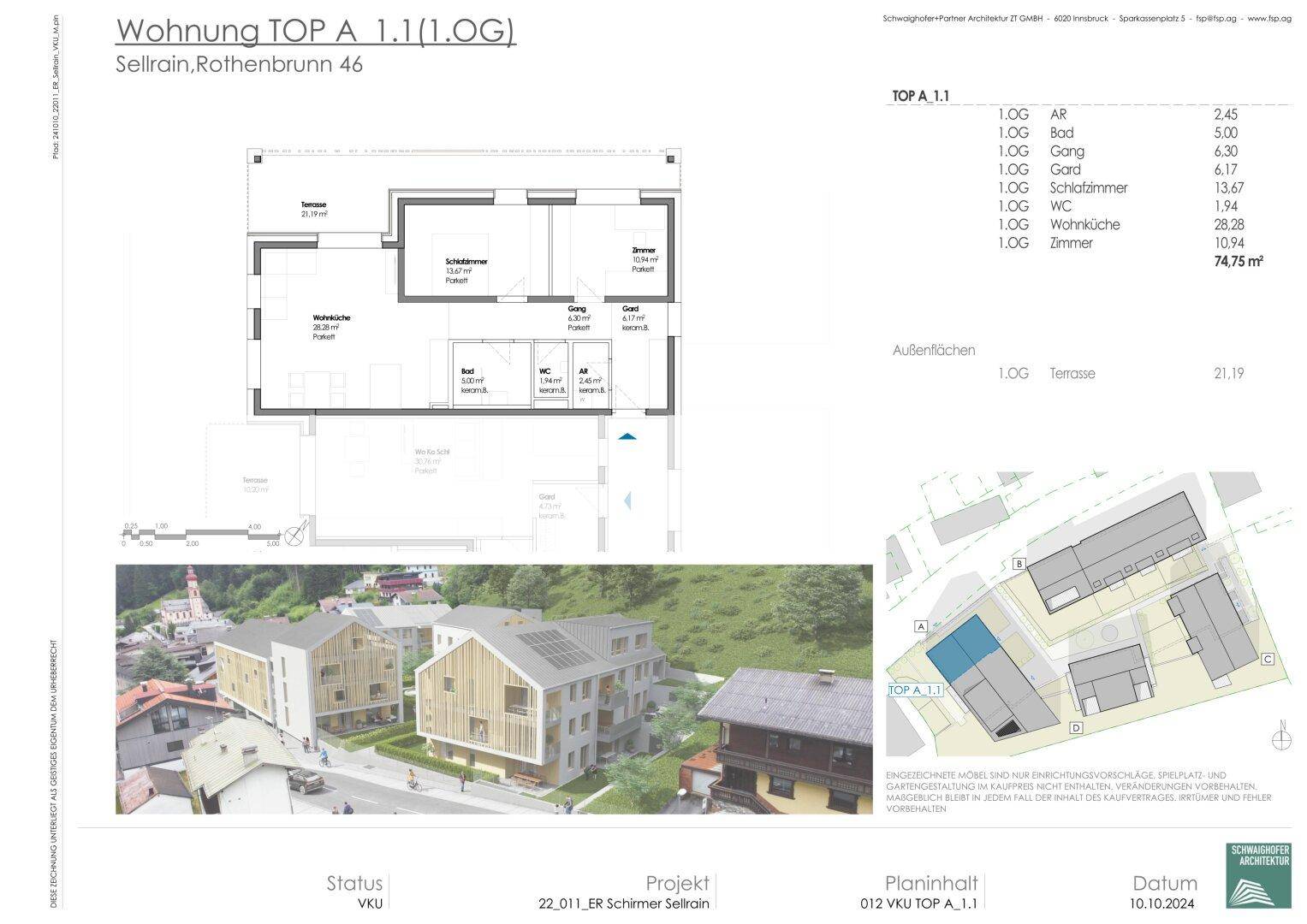 Grundriss der Wohnung TOP A.1.1 im ersten Obergeschoss mit 74,75 m² Wohnfläche und einer großen Terrasse.