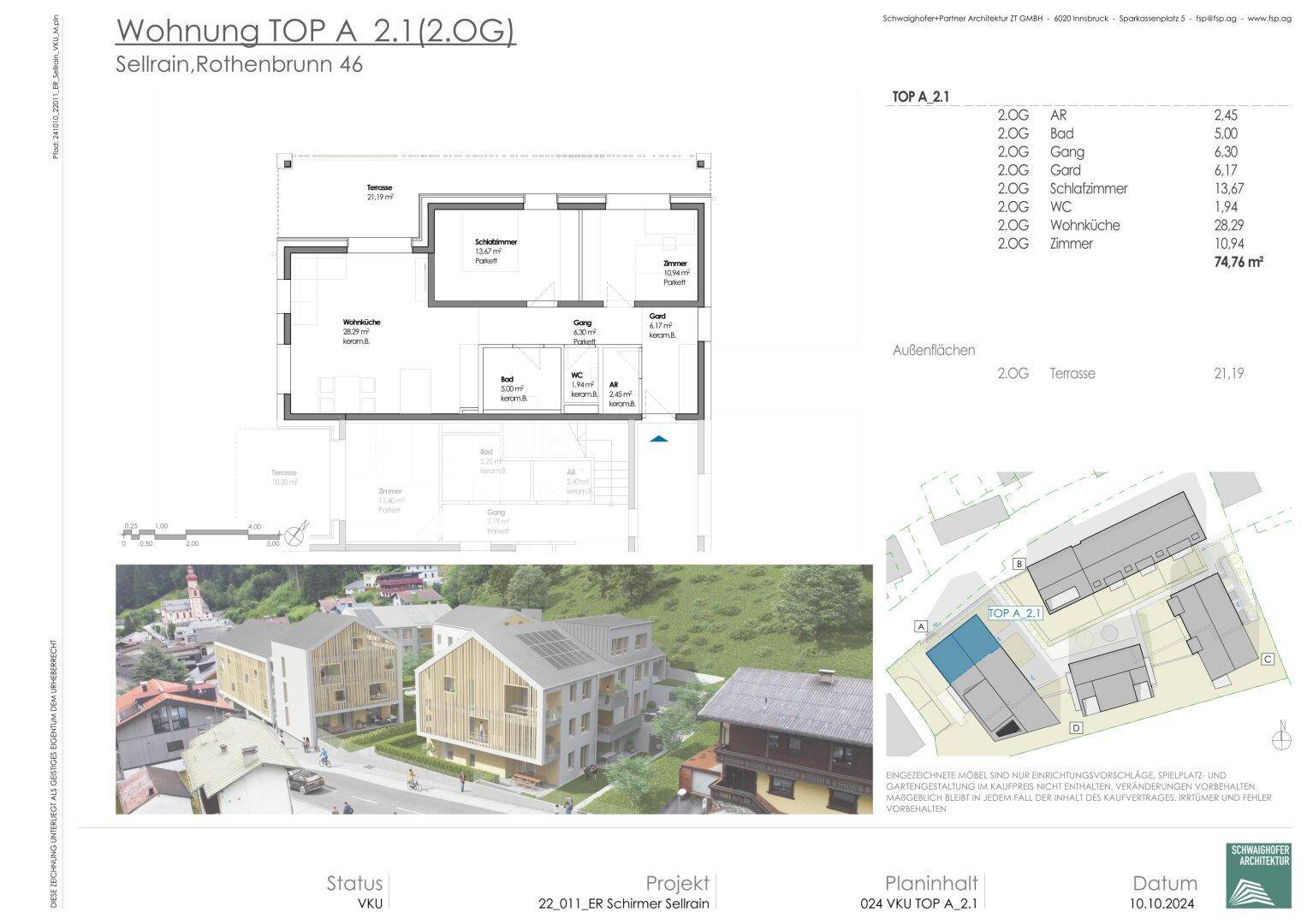 Grundriss der Wohnung TOP A 2.1 im zweiten Obergeschoss mit Wohnküche, Schlafzimmer und großer Terrasse.
