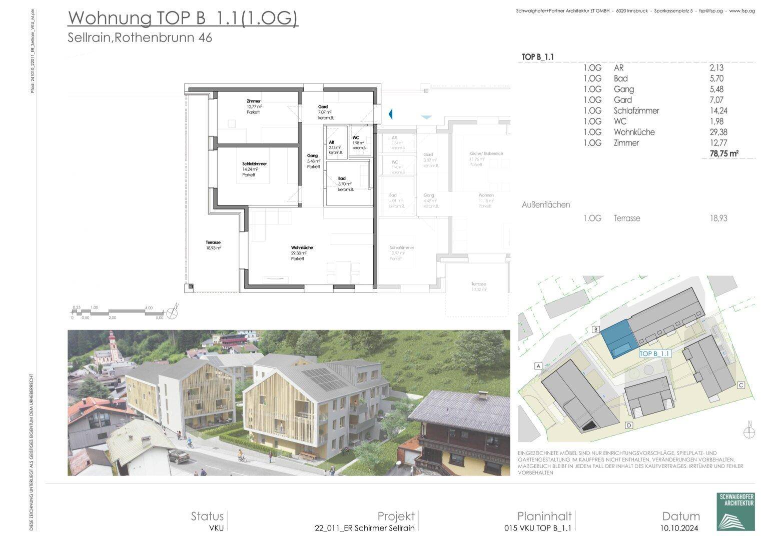 Grundriss der Wohnung TOP B 1.1 im ersten Obergeschoss mit offener Wohnküche, Schlafzimmern und großer Terrasse.