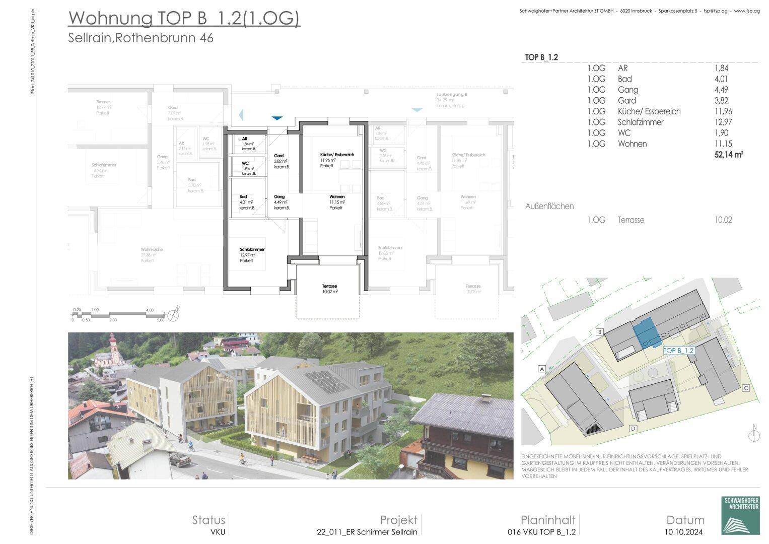 Detaillierter Grundriss einer Wohnung im ersten Obergeschoss mit Terrasse und offener Wohnküche.