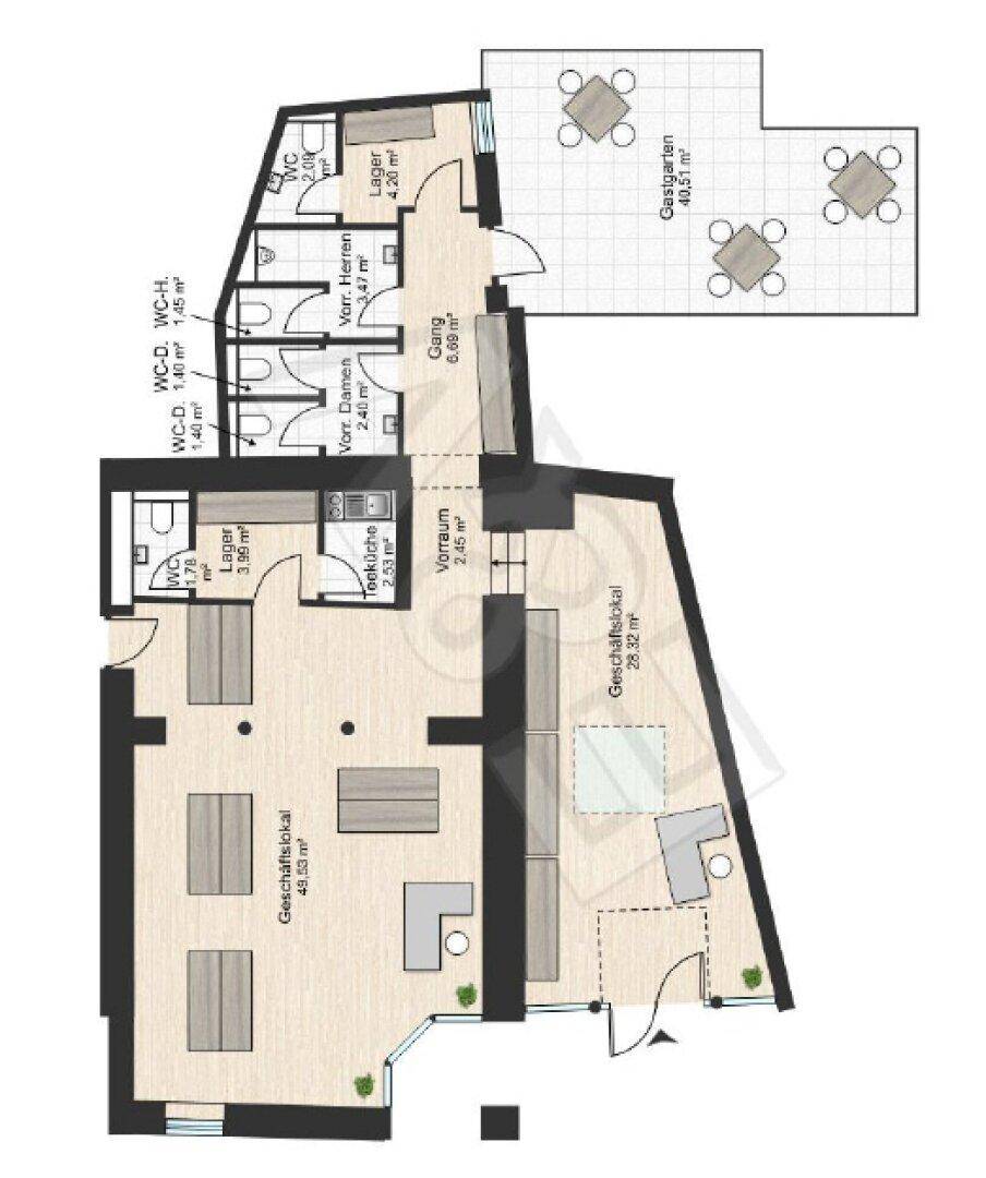 Detaillierter Grundriss eines Geschäftslokals mit mehreren Funktionsbereichen, Toiletten, Teeküche und einem Gastgarten.