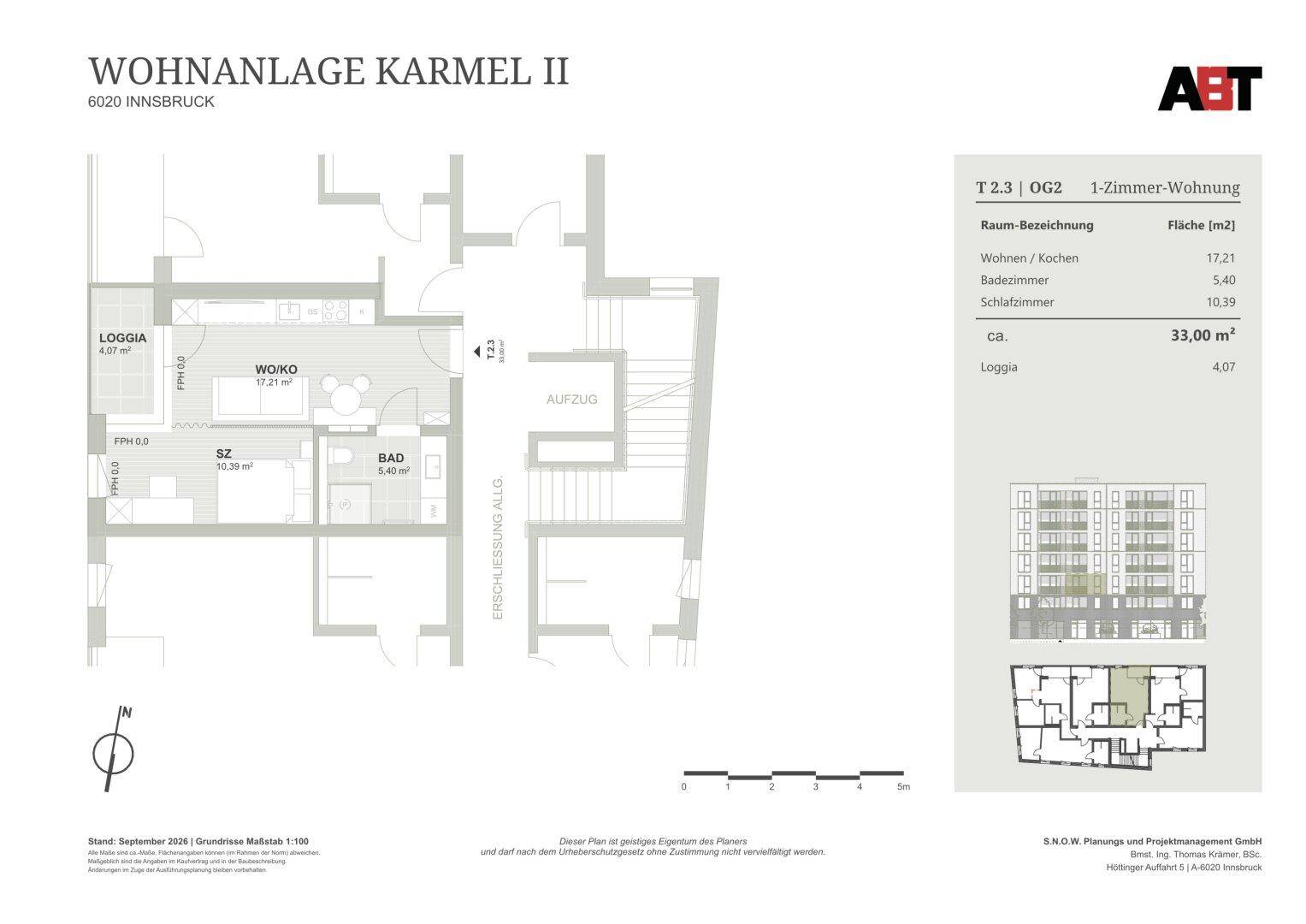 Grundriss einer modernen 1-Zimmer-Wohnung im zweiten Obergeschoss mit offener Wohnküche, Loggia und Aufzugzugang.