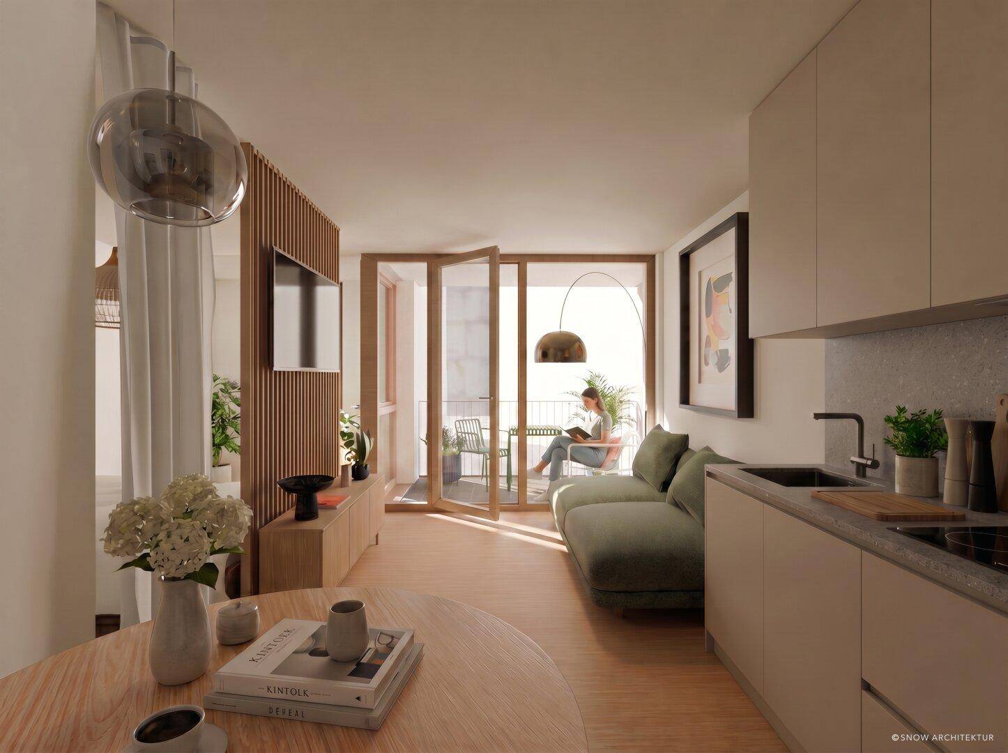 Offener Wohnbereich mit integrierter Küche und Zugang zu einem sonnigen Balkon mit Sitzgelegenheiten.