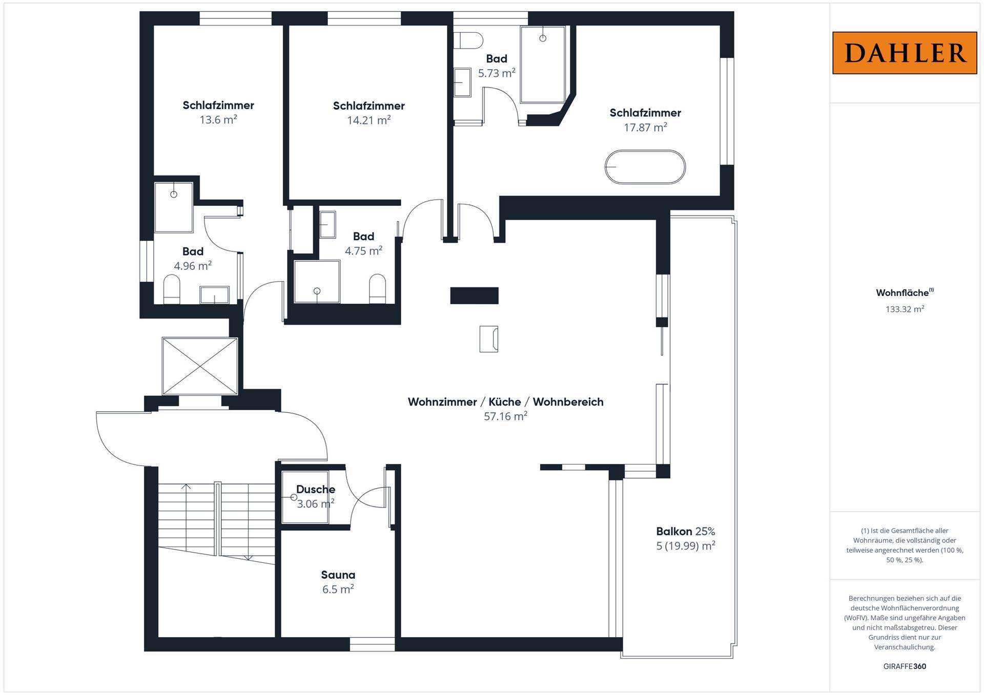 Grundriss einer Wohnung mit drei Schlafzimmern, drei Bädern, Sauna und Balkon.