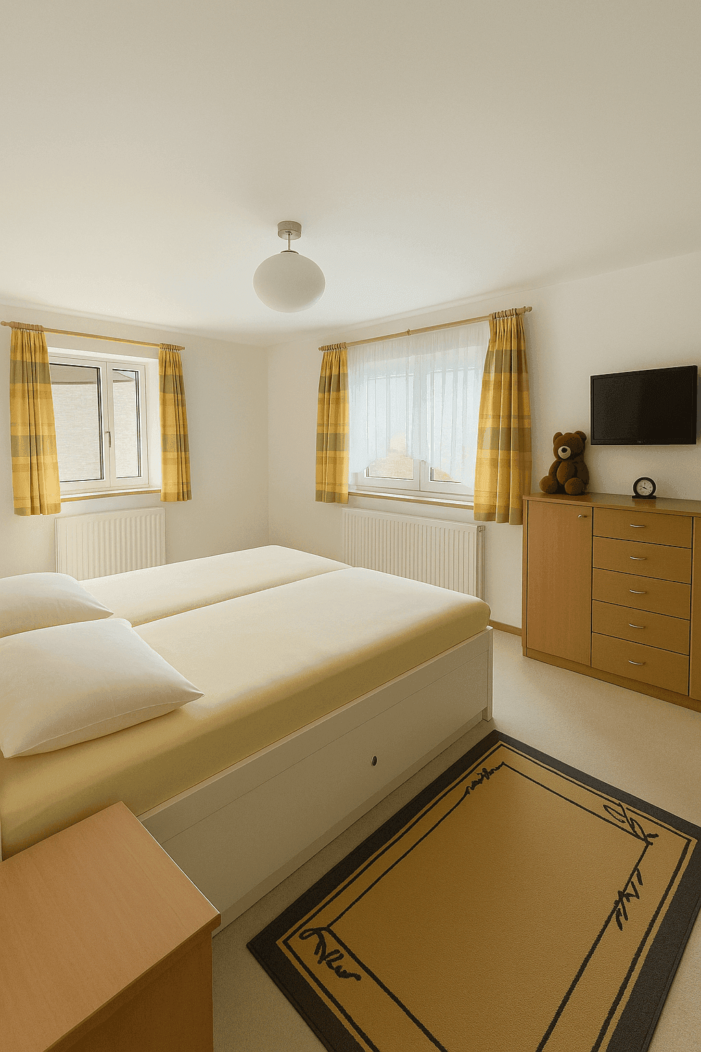 Helles Schlafzimmer mit zwei Einzelbetten, Holzkommode und gelben Vorhängen.