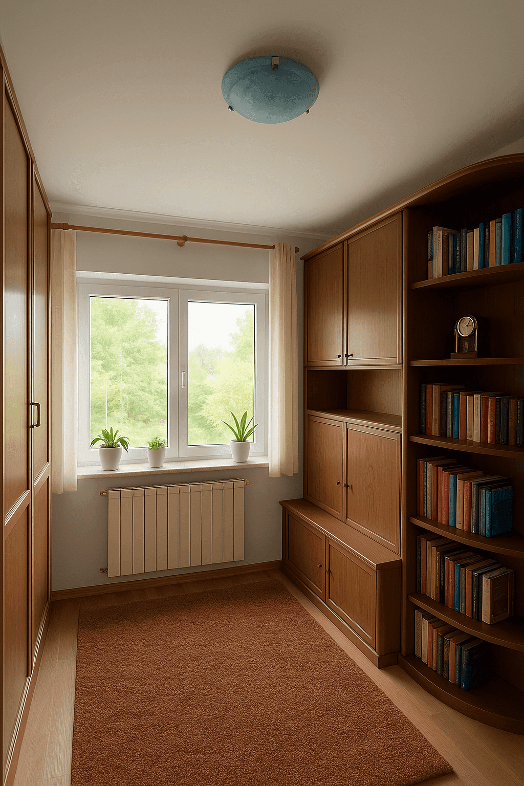 Gemütliches Arbeitszimmer mit Holzregalen, Teppichboden und Blick ins Grüne.