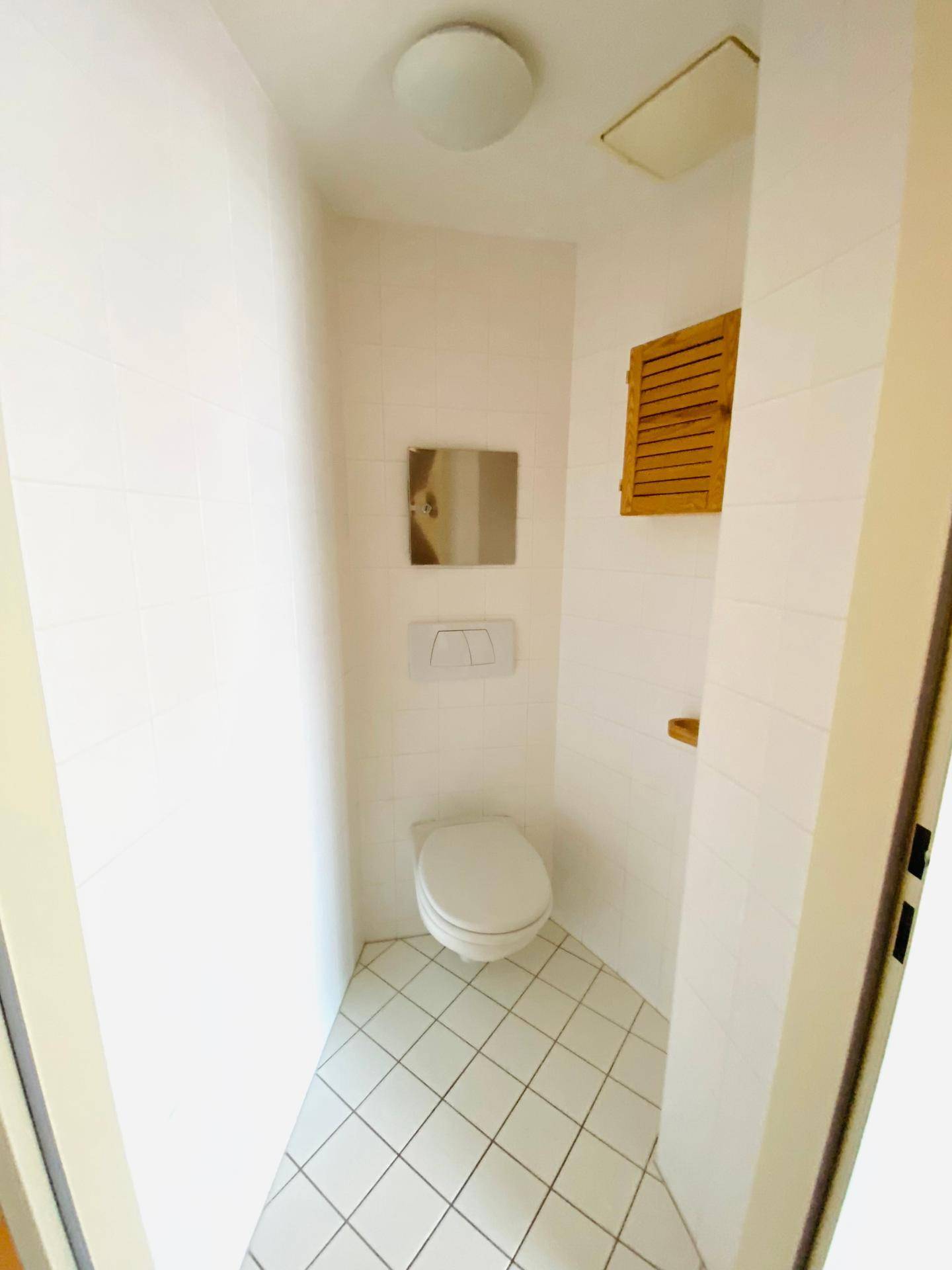 Separates WC mit wandhängender Toilette und hellen Bodenfliesen, praktisch und sauber.