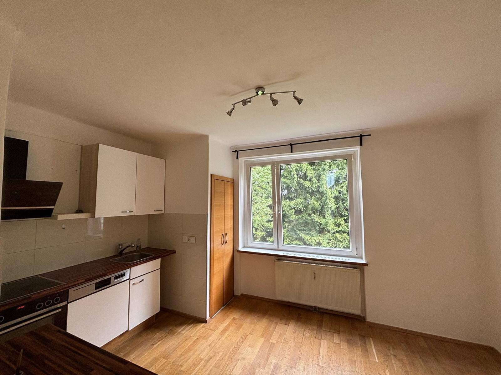 Helle Küche mit Fensterblick ins Grüne, ausgestattet mit Einbauküche und Parkettboden.