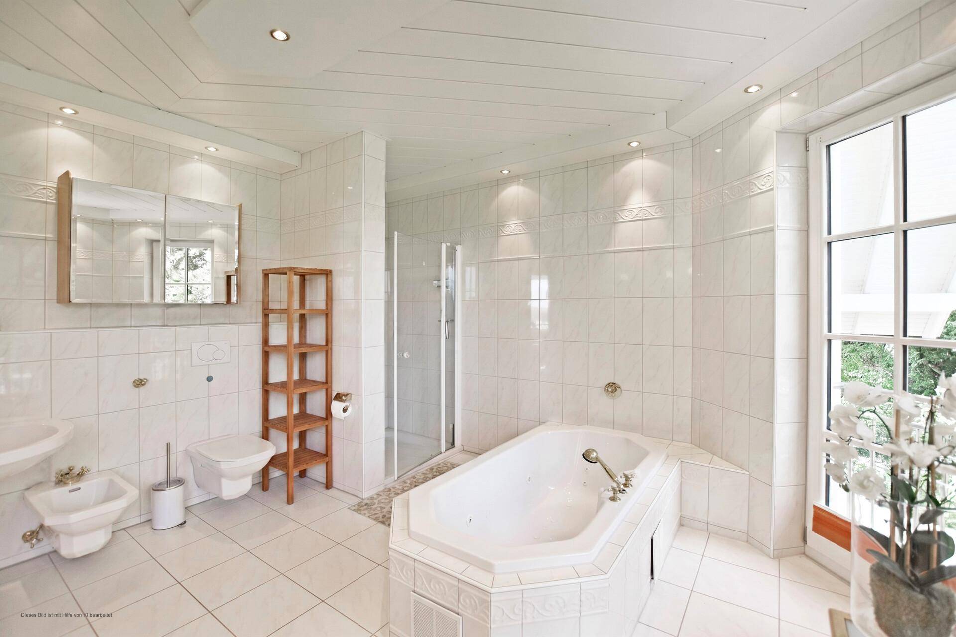 Modernes Badezimmer mit Eckbadewanne, Dusche, Bidet und weißen Fliesen.