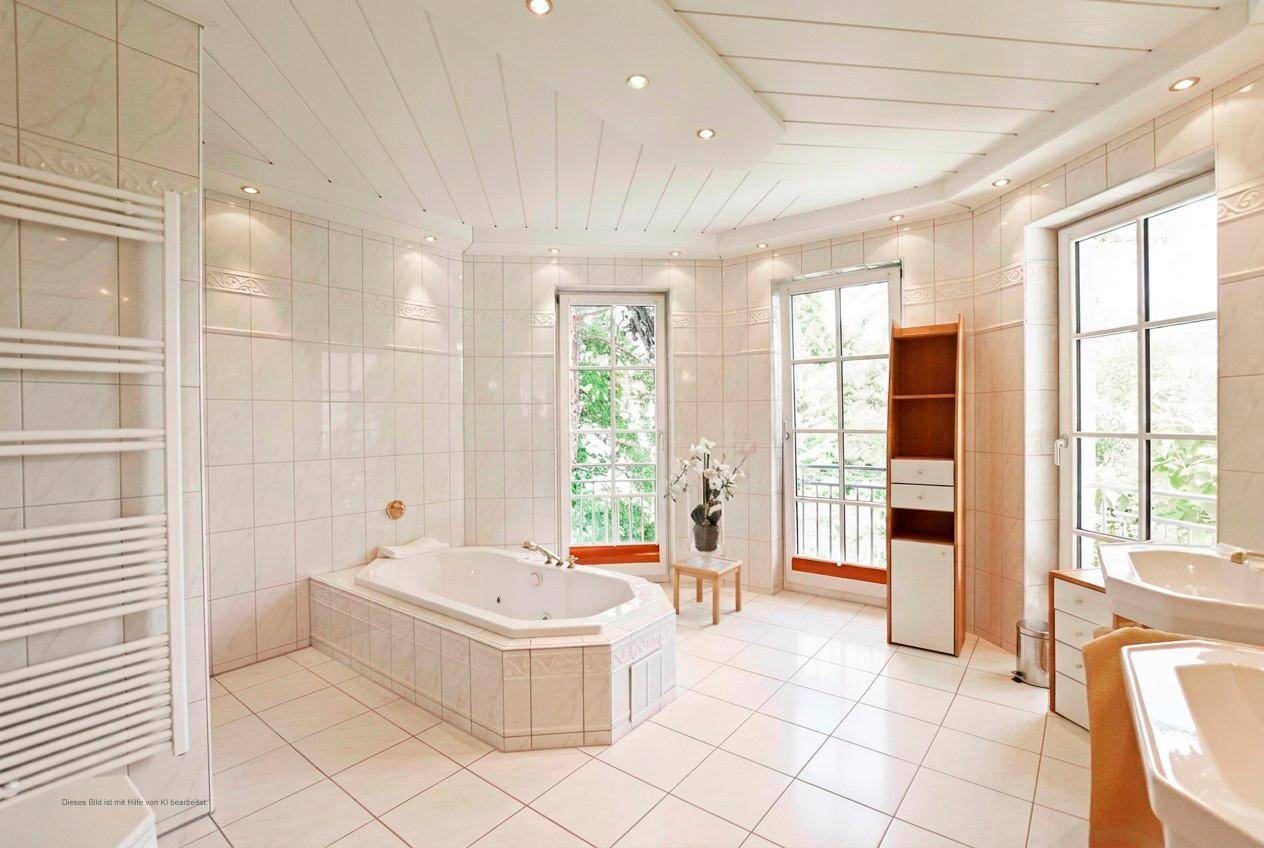 Helles Badezimmer mit Eckbadewanne, weißen Fliesen und Fenster für Tageslicht.
