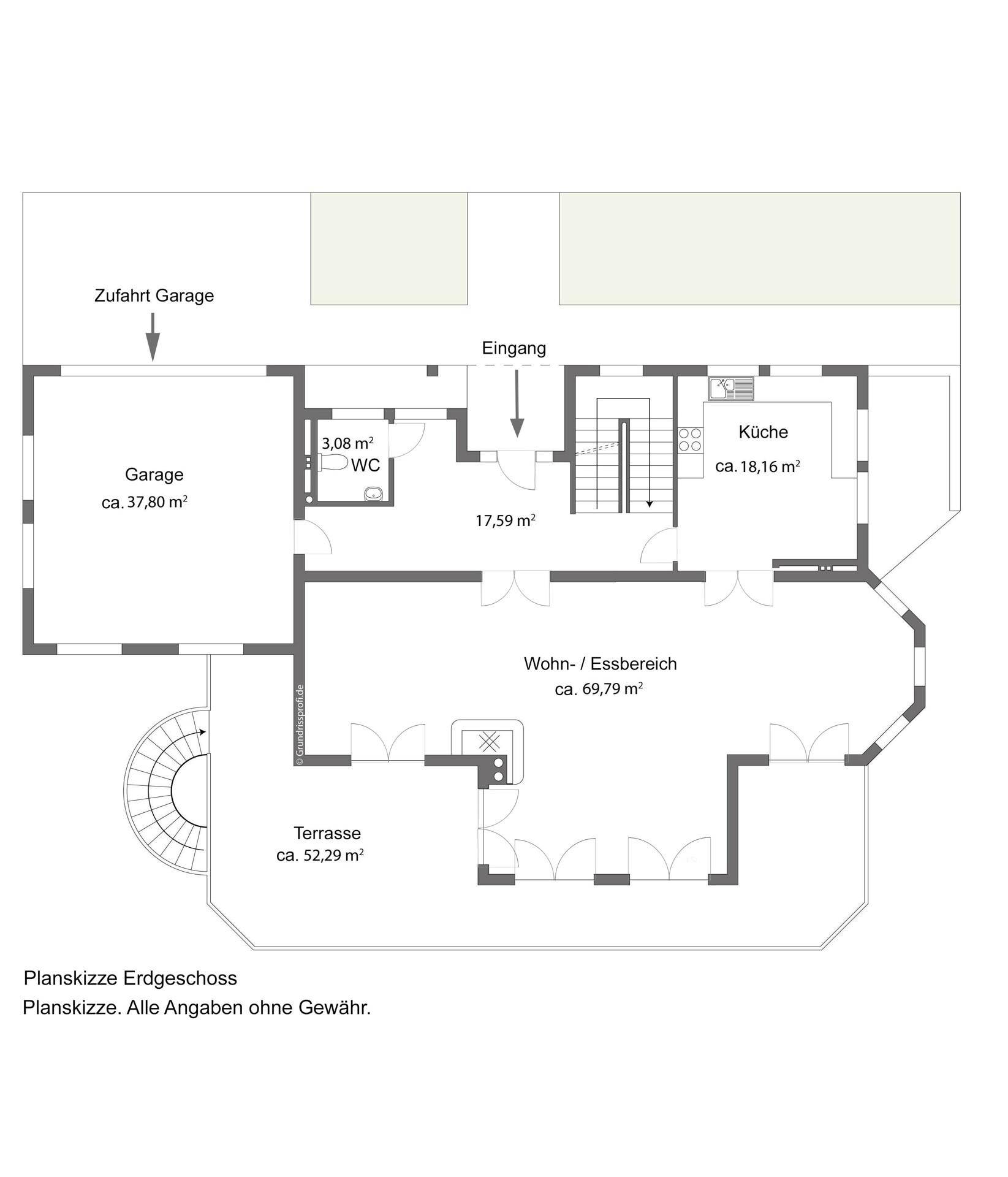 Grundriss des Erdgeschosses mit Garage, Wohn-/Essbereich und Terrasse.