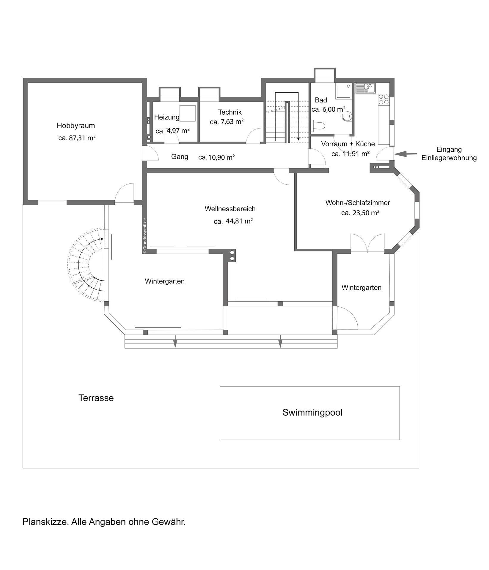 Grundriss des Untergeschosses mit Wellnessbereich, Wintergarten und Swimmingpool.