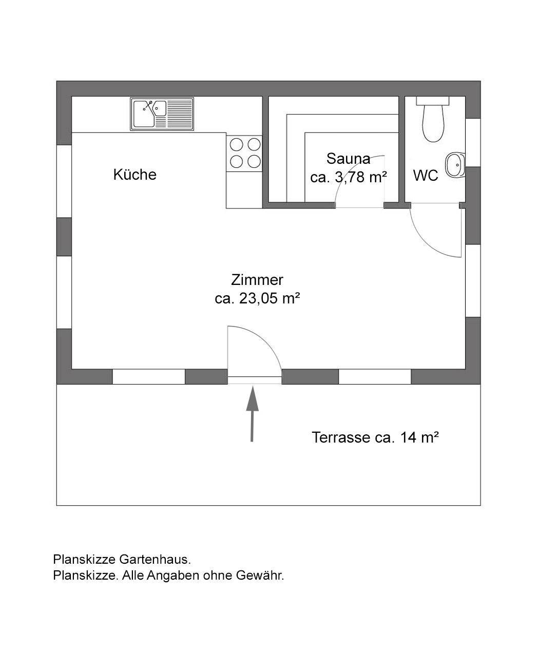 Grundriss des Gartenhauses mit Zimmer, Küche, Sauna und Terrasse.
