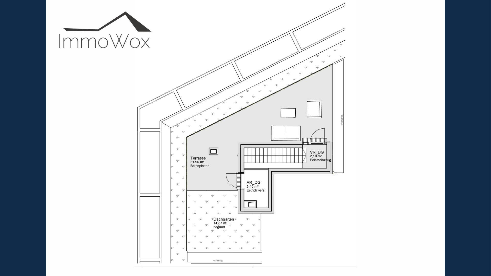 Grundriss des oberen Geschosses mit großer Terrasse und Dachgartenbereich.