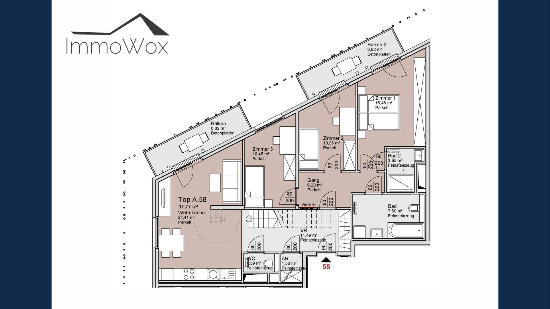 Detaillierter Grundriss einer Dachgeschosswohnung mit mehreren Zimmern und Balkonen.