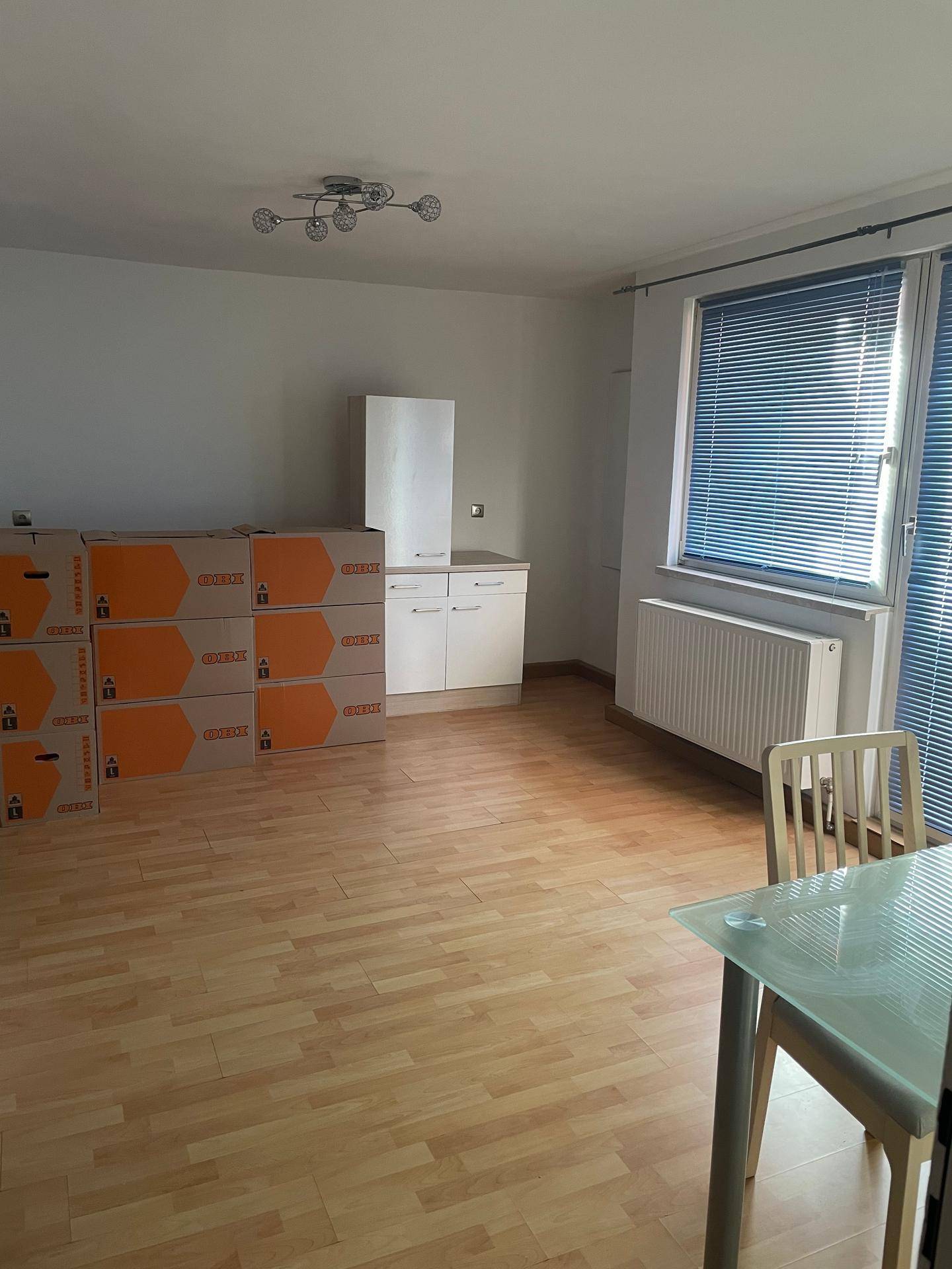 Heller Wohnbereich mit Laminatboden, großen Fenstern und einem Heizkörper, teilweise mit Umzugskartons.