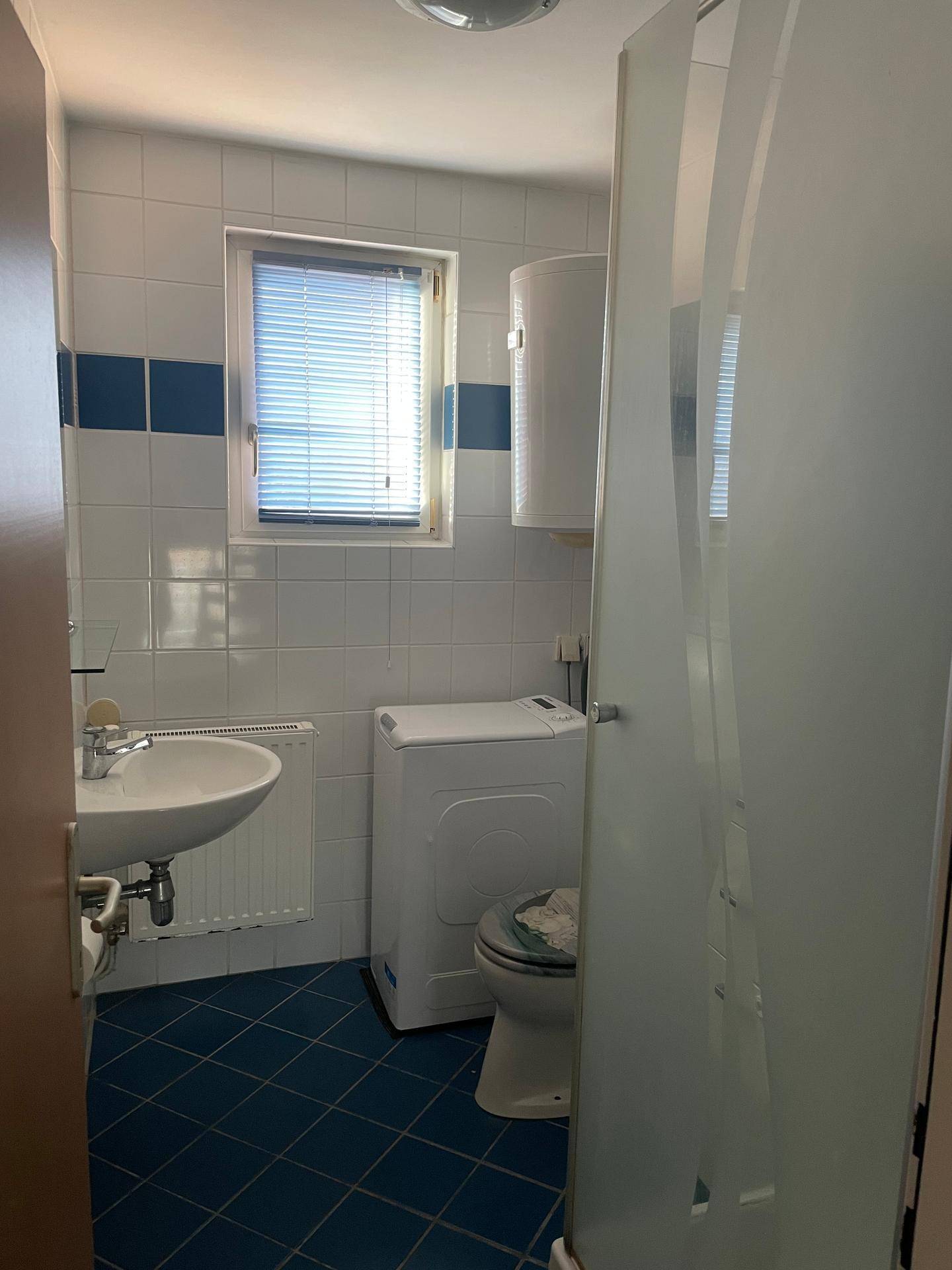 Badezimmer mit blauen und weißen Fliesen, Waschbecken, Toilette und einer Duschkabine.
