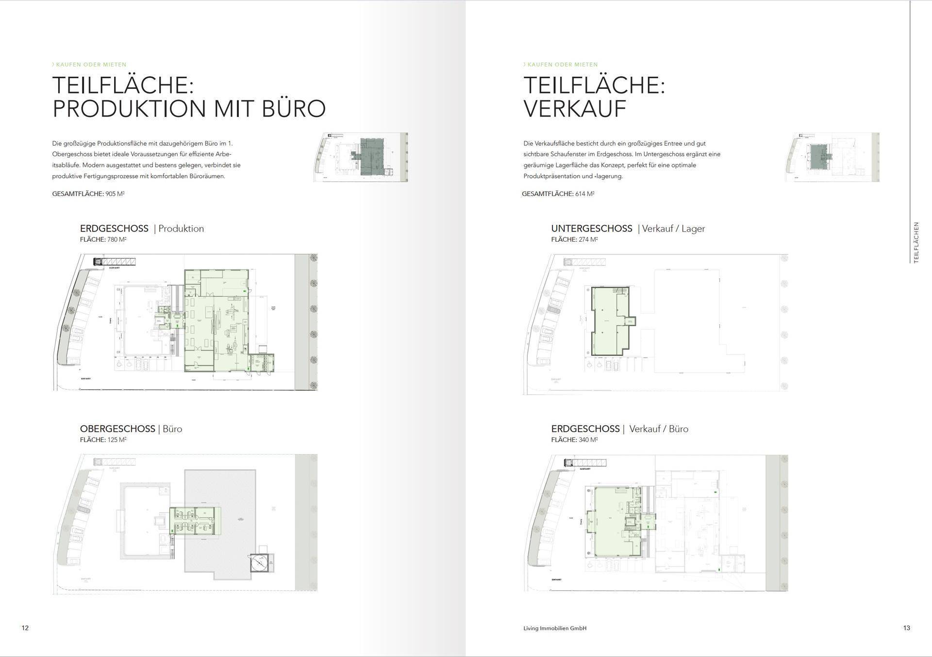 Detaillierte Grundrisse für Produktions-, Büro- und Verkaufsflächen auf verschiedenen Ebenen des Gewerbeobjekts.