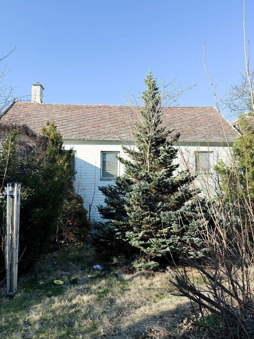 Älteres Haus mit Satteldach, umgeben von Bäumen und Sträuchern im Gartenbereich.