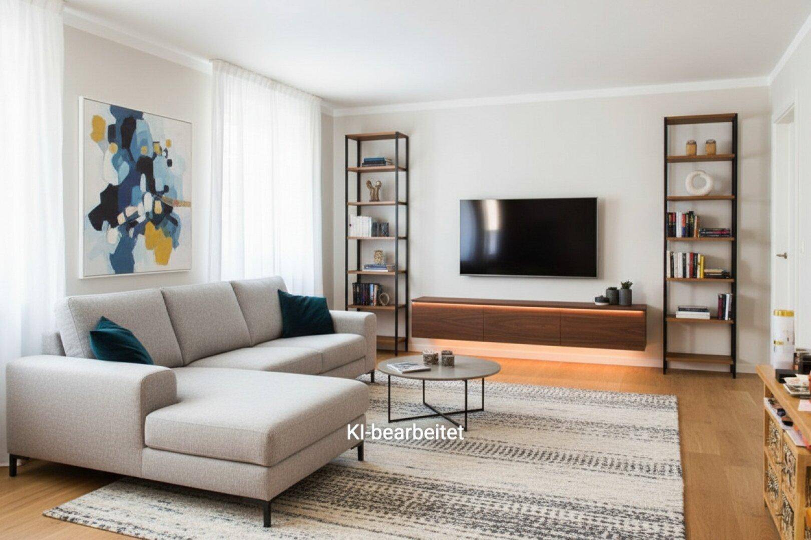 Modernes Wohnzimmer mit beigem Ecksofa, Holzboden und minimalistischer Einrichtung sowie TV-Möbel.