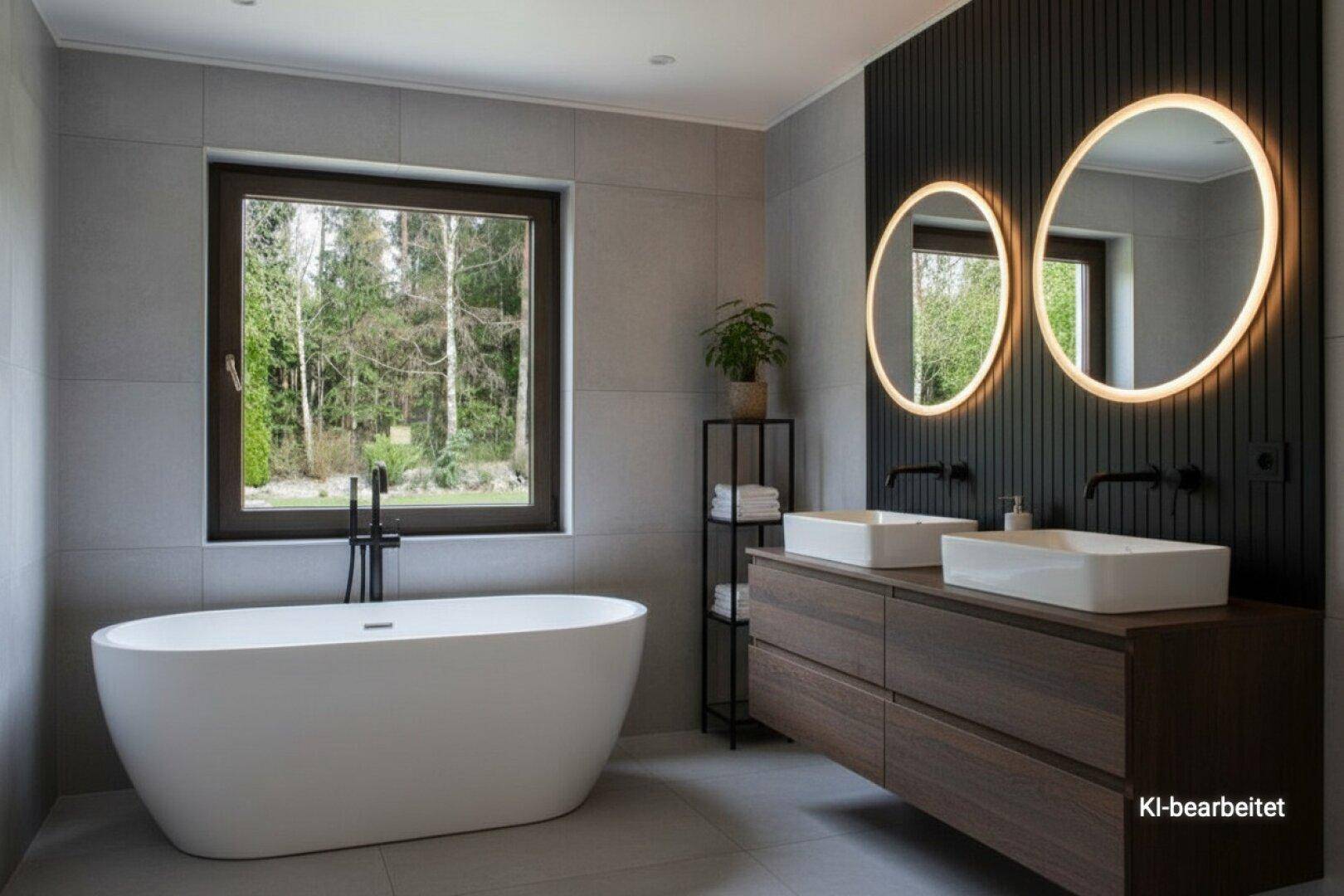 Modernes Badezimmer mit freistehender Badewanne, Doppelwaschbecken und Fenster zur Natur.